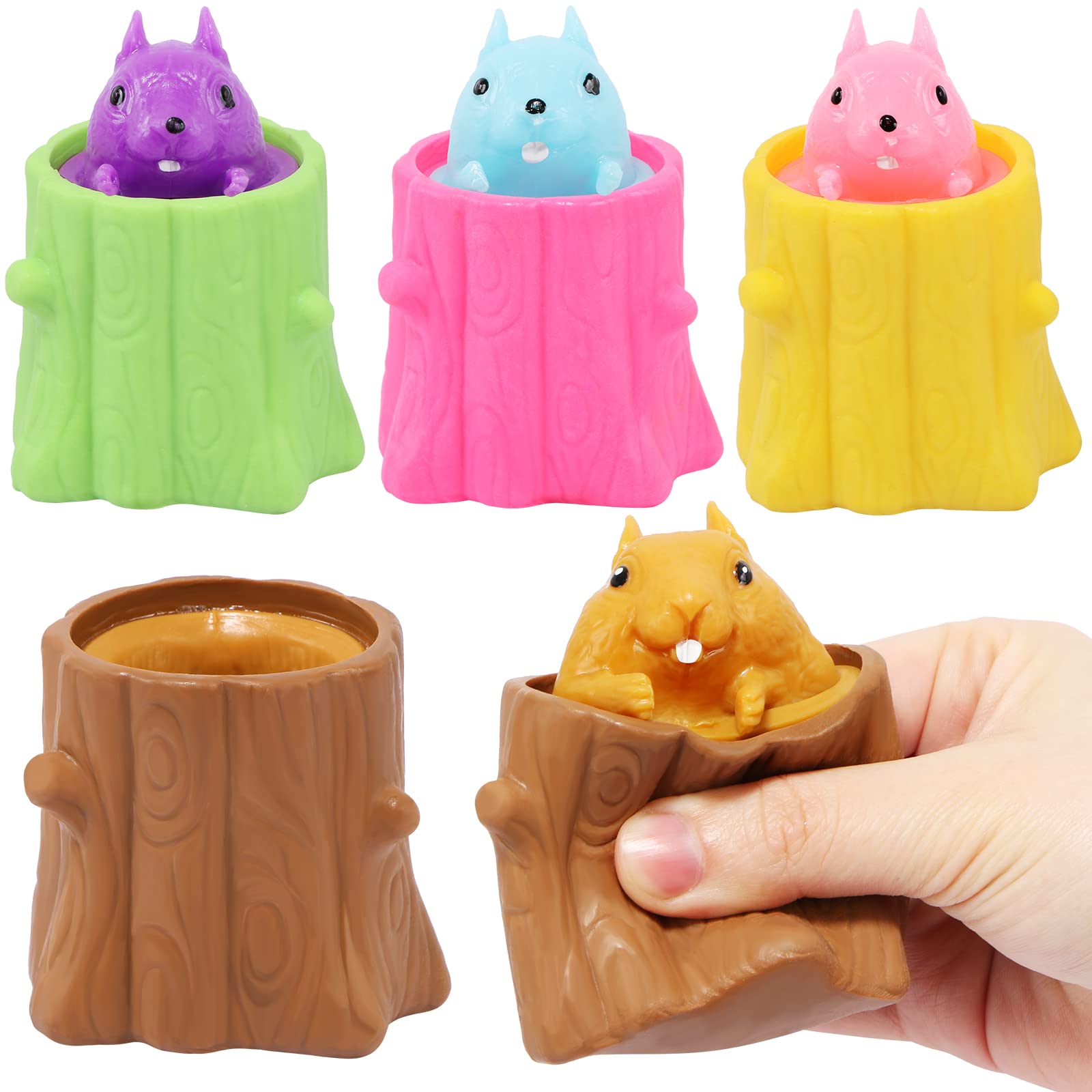 EVERMARKET4 Pack Squeeze Squirrel Toys, Decompression Evil Squirrel Cup Sensory Fidget Toy Funny Rubber Squishes Toy Stress Relief, Weird Play Gift for Friends Adults (Pink Yellow Green Brown)