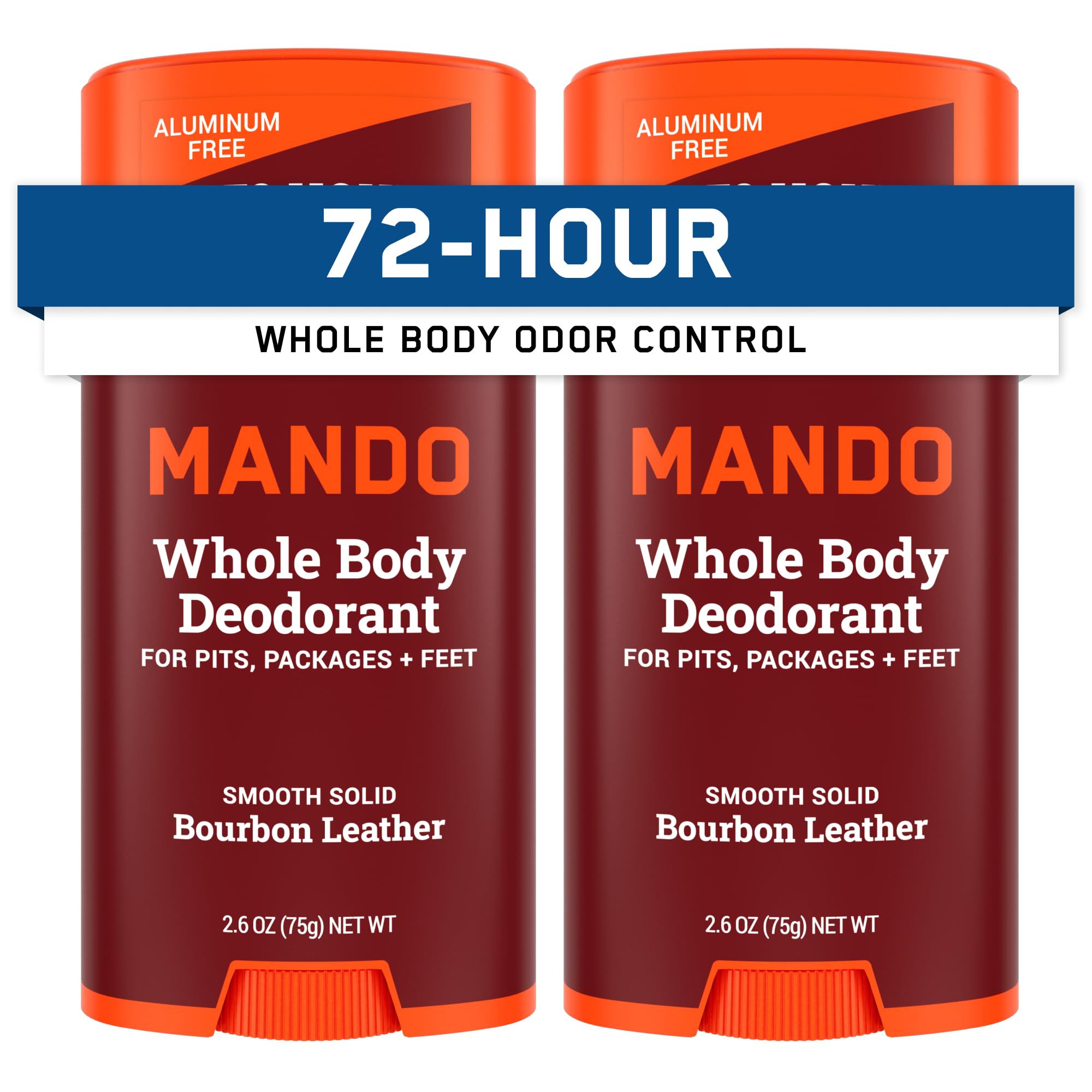 Mando Whole Body Deodorant For Men - Smooth Solid Stick - 72 Hour Odor Control - Aluminum Free, Baking Soda Free, Skin Safe - 2.6 Ounce (Pack of 2) - Bourbon Leather