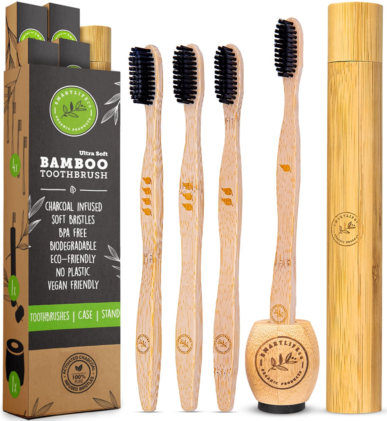 Bamboo Charcoal Toothbrushes (4 Pack) with Travel Case & Stand - Extra Soft Bristles for Adults & Kids Teeth | Zero Waste Travel Toothbrush Kit | Natural Eco-Friendly Wooden Brush Holder Cover