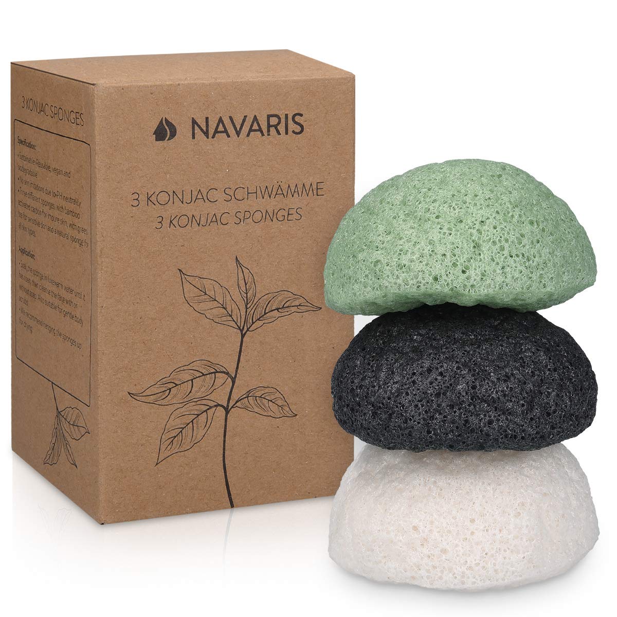 Navaris Set of Konjac Sponges - 3x Natural Exfoliating and Cleansing Sponge Shower Puffs for Face and Body including Bamboo Charcoal and Green Tea