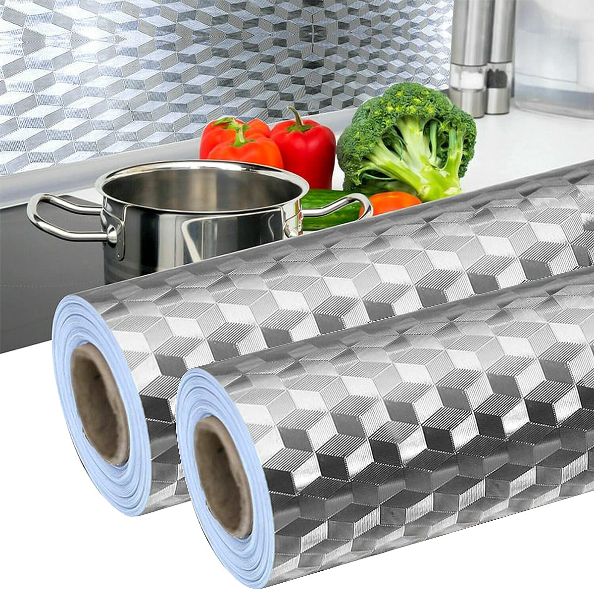 Pack of 2 Aluminium Foil Kitchen Wallpaper, 40 cm x 5 m, Self-Adhesive, Waterproof, Durable Wallpaper, Kitchen Stove Sticker for Kitchen Worktop, Kitchen Wall, Kitchen Cabinet (Rhombus Texture)