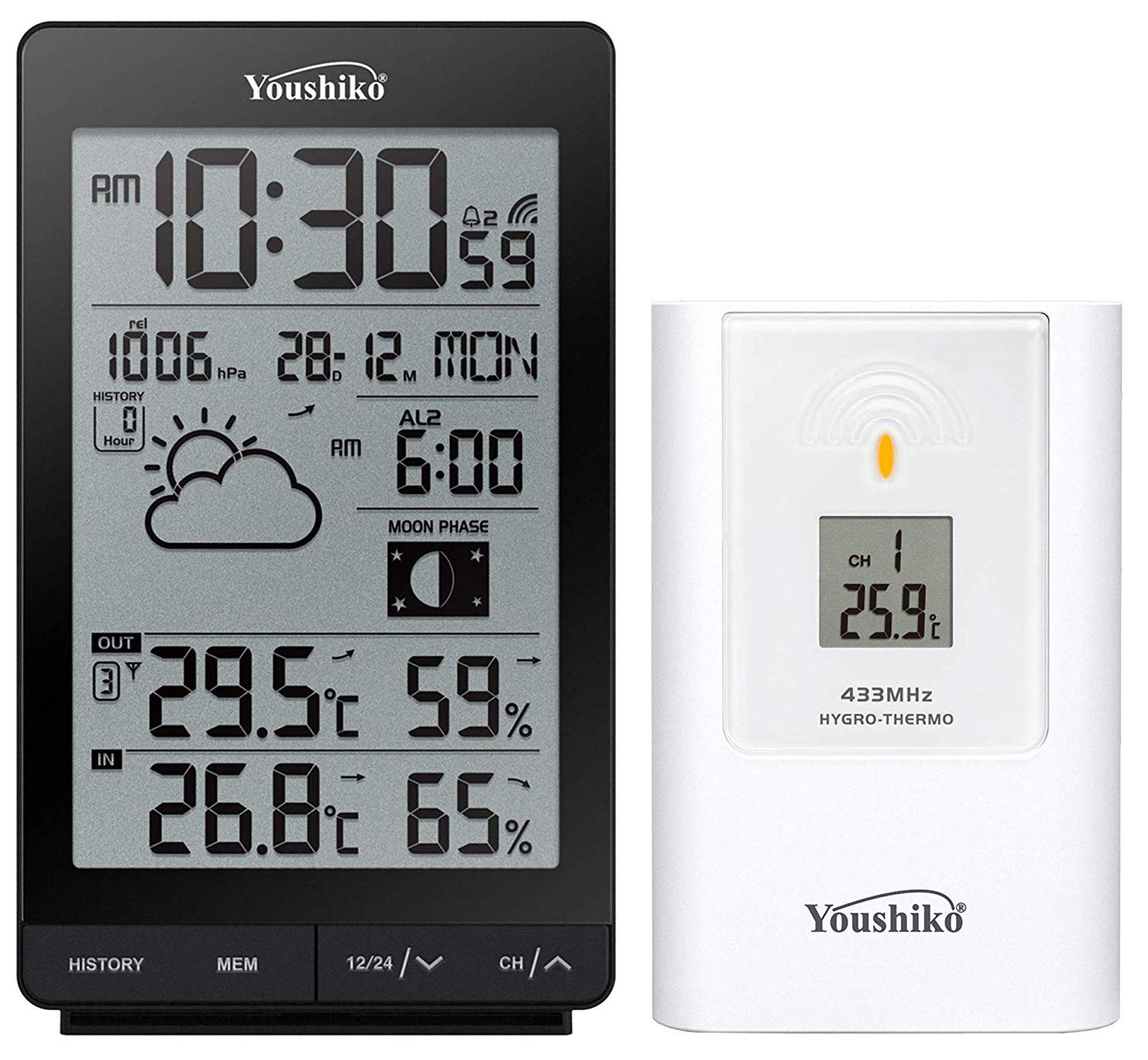 YoushikoWireless Weather Station, (Official UK Version/Premium Quality/Clear Display) with Radio Controlled Clock Indoor Outdoor Temperature Thermometer, Humidity Barometric pressure (Tall)