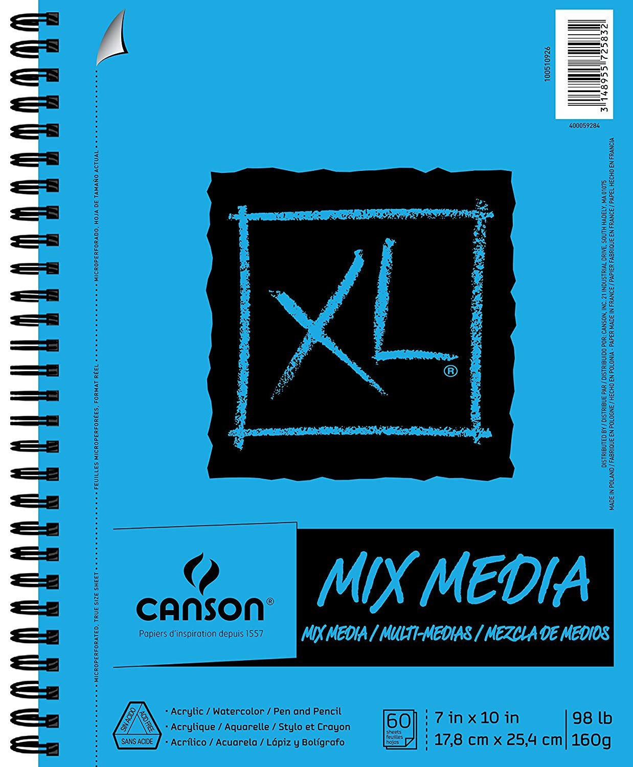 XL Series Mix Media Paper Pad, Heavyweight, Fine Texture, Heavy Sizing for Wet and Dry Media, Side Wire Bound, 98 Pound, 7 x 10 Inch, 60 Sheets - 100510926 (2 Pads)