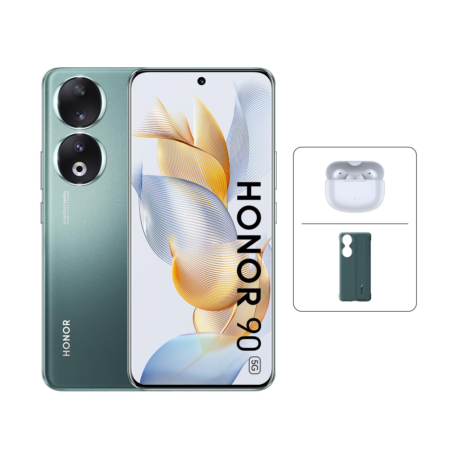 HONOR 90 Smartphone 5G, 200MP Triple Camera, 6,7” Curved AMOLED 120Hz Display, 8GB+256GB, 5000mAh Battery, SuperCharge 66 W, Android 13, Emerald Green and honor earbuds x3 lite & case cover (Green)