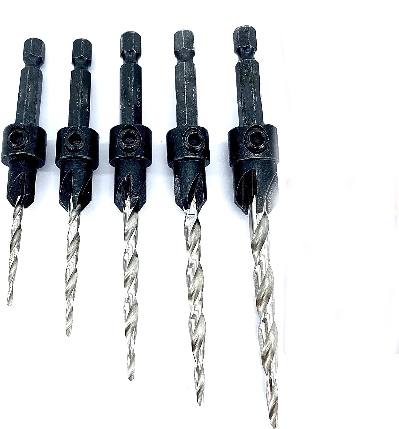 THE WHITE SHOP Countersink Drill Bit Set 5Pc Countersink Drill Bit #4, 6, 8, 10, 12, Tapered Drill Bits Secured with Pin to 1/4" Hex Shank, 1 Allen Wrench