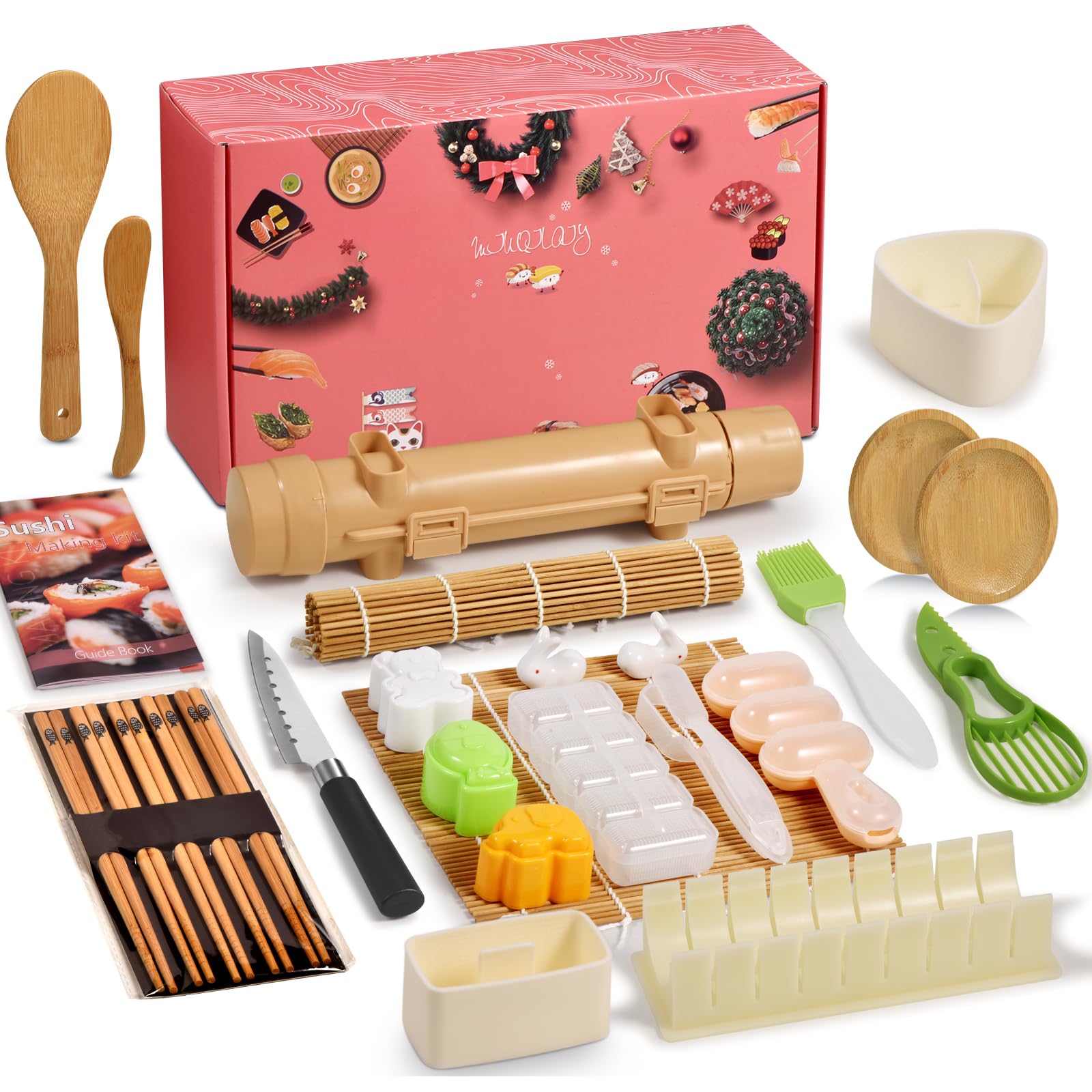 Sushi Making Kit [Parent-Child Set] -28 in 1 Sushi Kit for Beginners & Pros Sushi Makers&Kids, with Bamboo Sushi Roller, Sushi Bazooka,Cutting Mold,Onigiri Mold,Guide Book and More