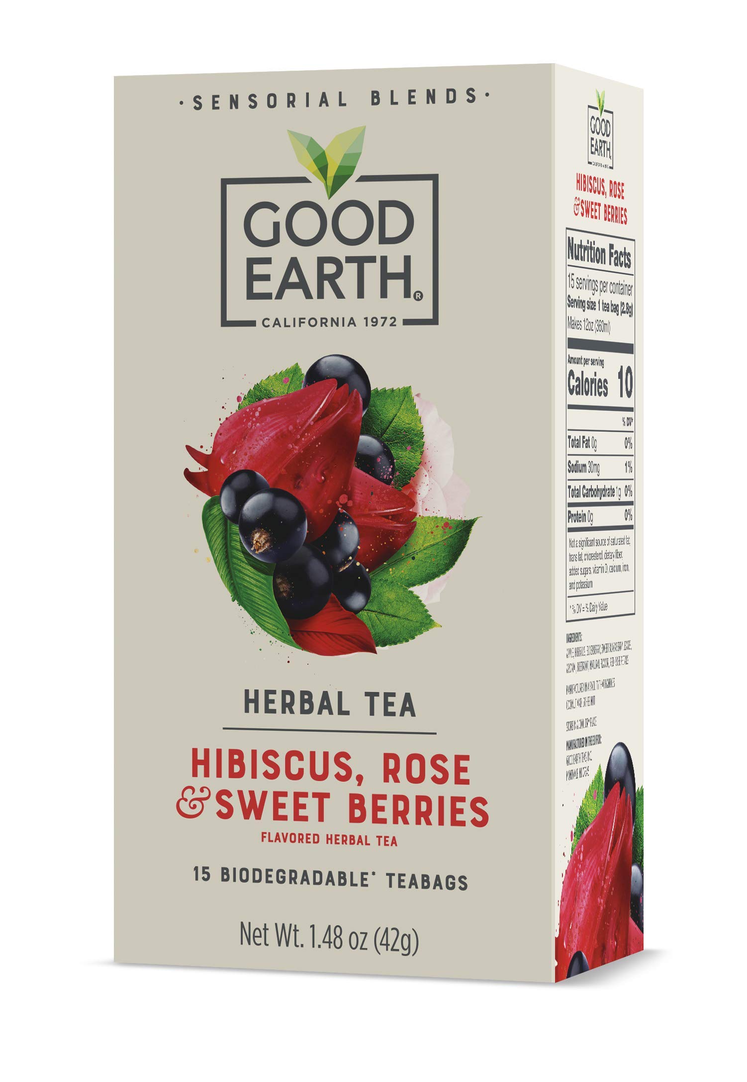 Good Earth Sensorial Blend Flavored Herbal Tea Hibiscus, Rose and Sweet Berries, No Artificial Color, No Preservatives, 15 Bag (Pack of 5)