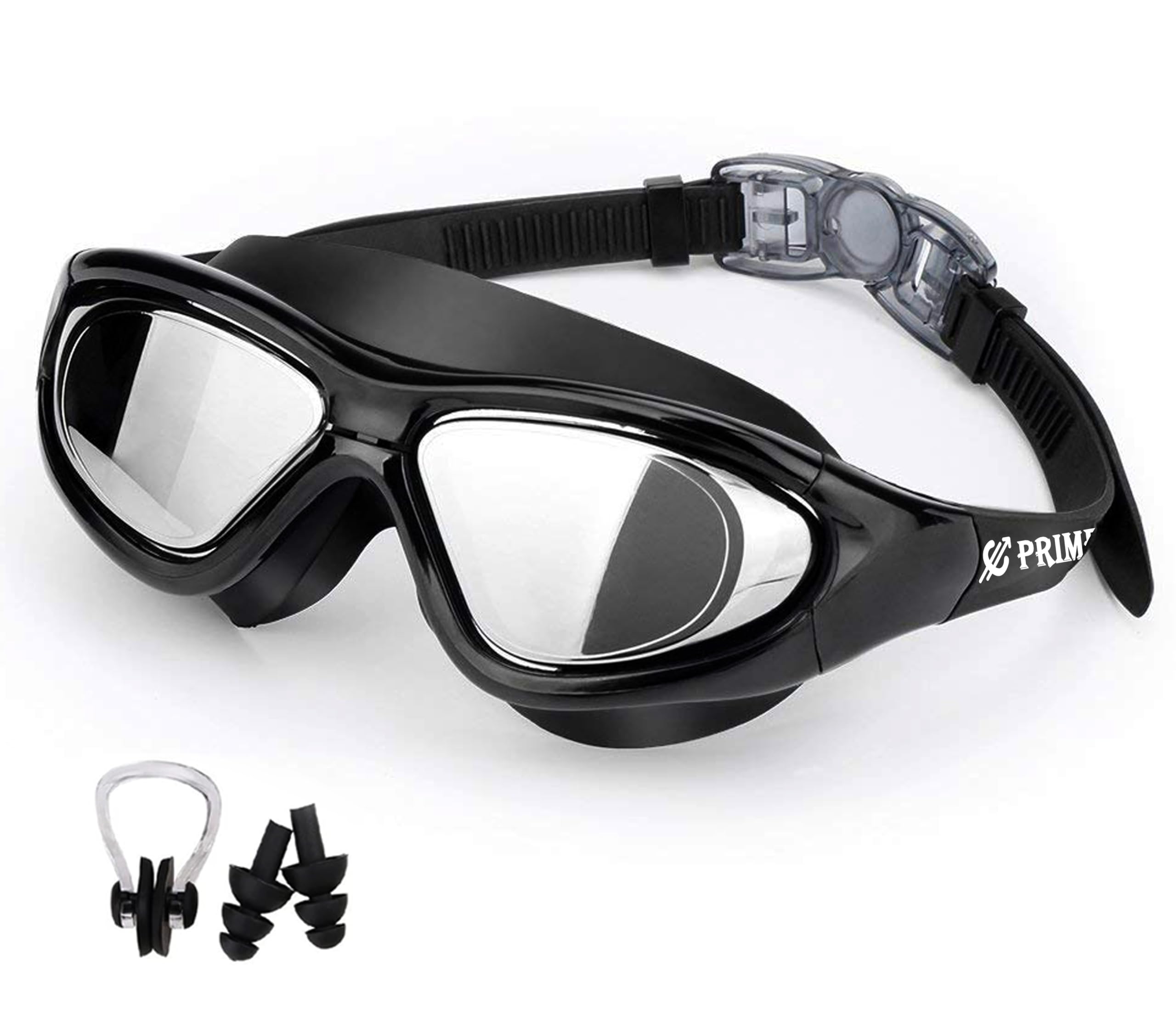 PRIME DEALS Premium Big Frame Competition Swim Goggles with Free Protective Case Pro Clear Lens & Wide-Vision Swimming Goggles with UV and Anti Fog Protection for Adult Men Women - Black.