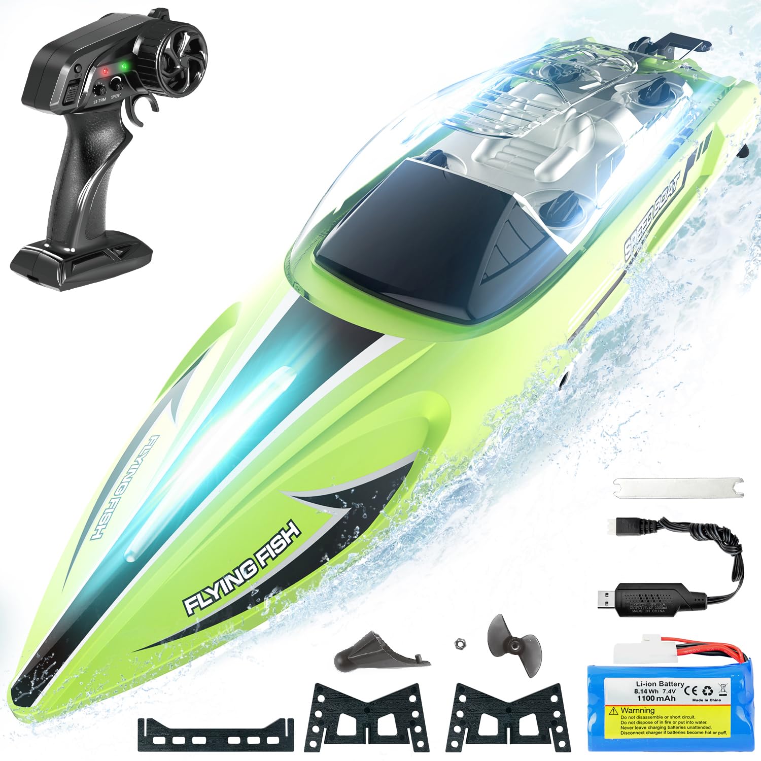 BEZGAR RC Boat, 14 inch Remote Control Boat for Kids and Adults with Transparent Shell, 25 KPH Fast RC Speed Boat with 1100 mAh Battery, Ideal Waterproof Toy Boats for Lakes & Pools - HJ813 Green