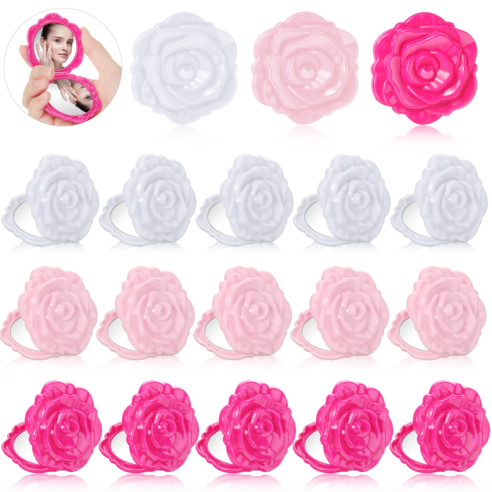 30 Pack Compact Mirror Small Rose Flower Shaped Plastic Makeup Mirror Mini Handheld Pocket Mirror Hand Portable Foldable Bridal Shower Favors for Purse Women Girls Wedding Party Travel Supplies Gift