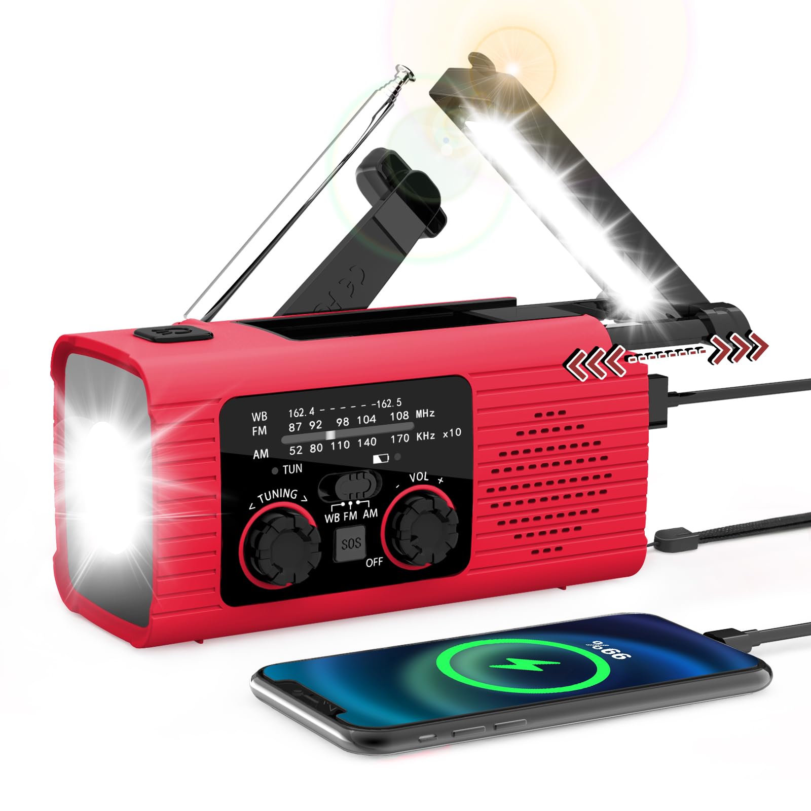 Emergency Radio, Hand Crank Radio Solar for Hurricane Supplies, AM/FM NOAA Portable Weather Radio 7400mWh with LED Flashlight, Power Bank, SOS Alarm 180°Rotatable Reading Lamp for Emergency