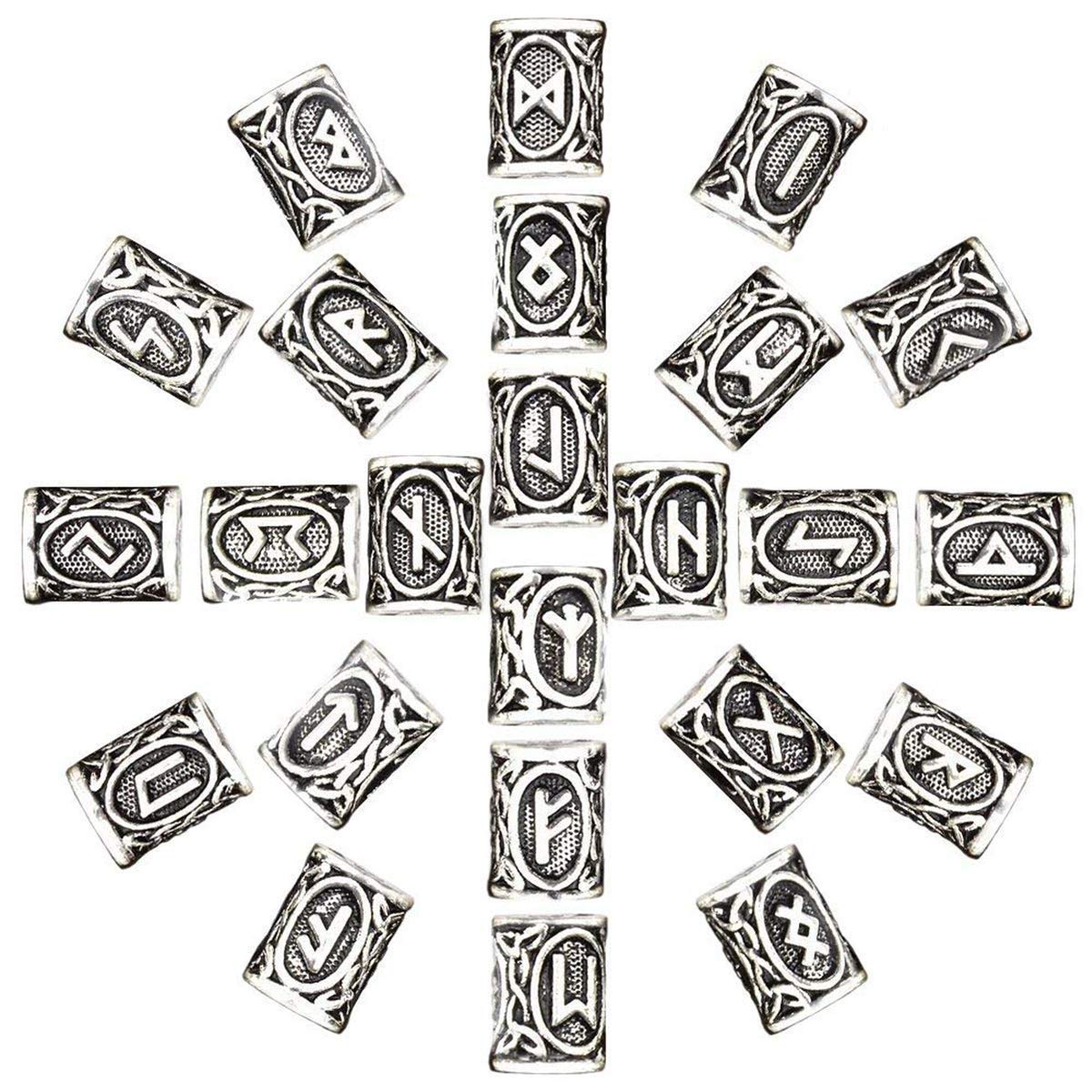 24pcs Norse Vikings Runes Beads Hair Beard Bracelets Pendant Necklace DIY,Braiding Beads for Hair Braids Antique Silver Beard Ring Viking Beads Kits