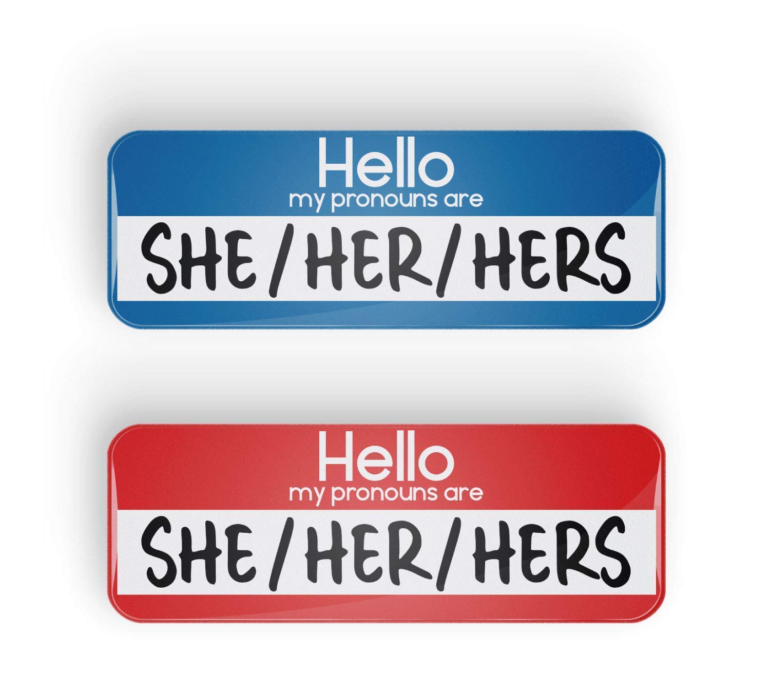 HELLO MY PRONOUNS ARE SHE/HER/HERS pronoun pin badge button, LGBTQ+, LGBT pinback or fridge magnet