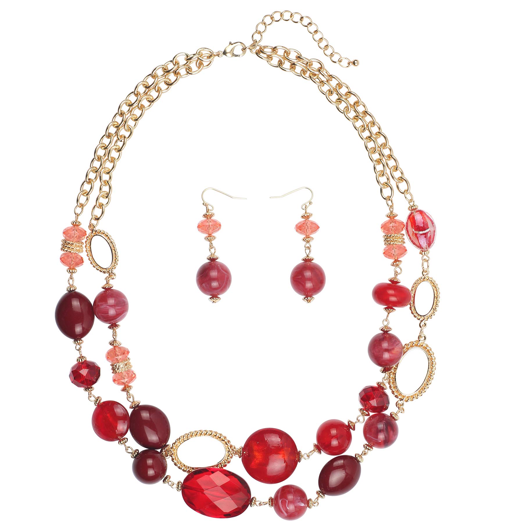 Women's Beaded 2 Layer Strand Statement Necklace with Earrings Collar Jewelry Set (N0003)