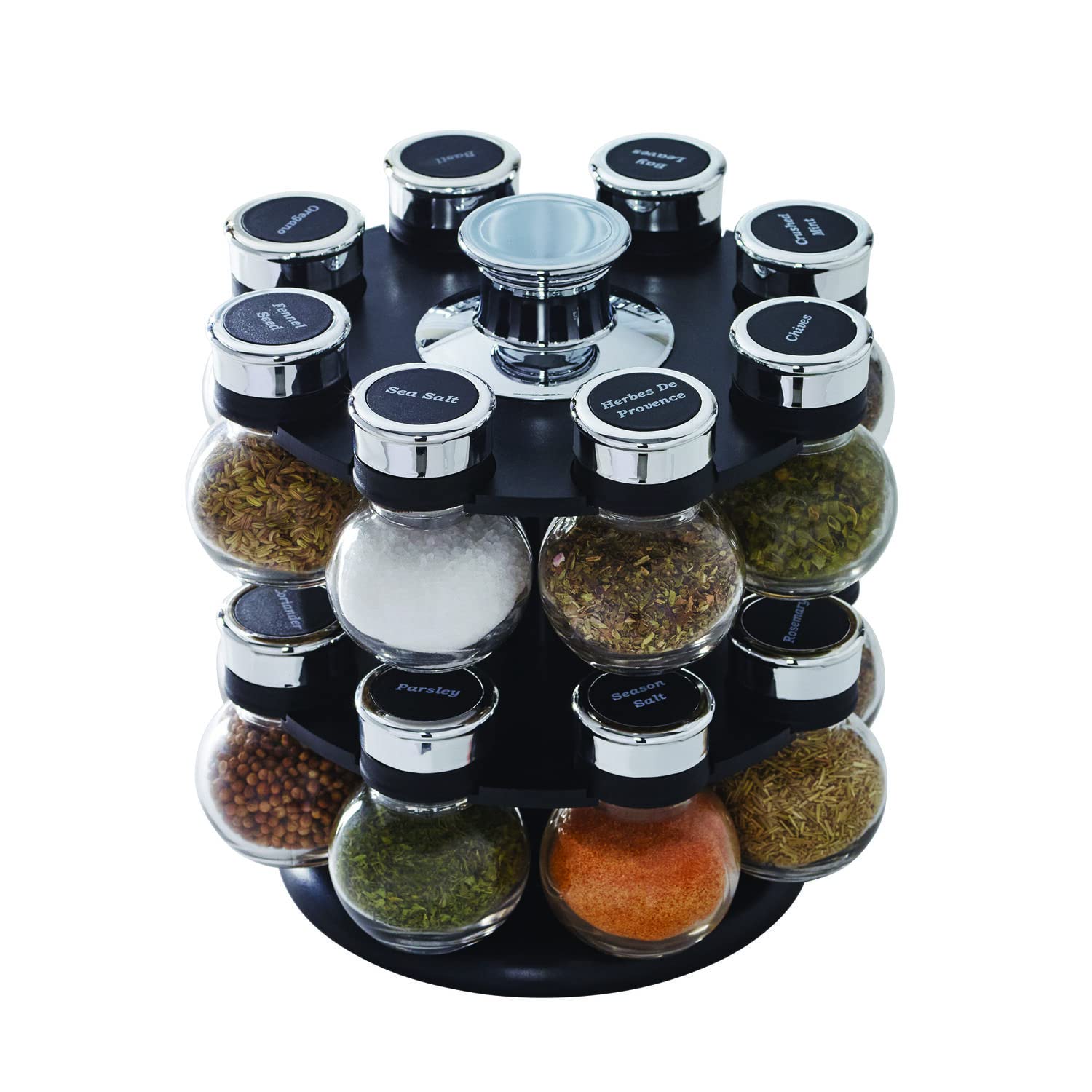 Kamenstein 16 Jar Ellington Revolving Countertop Spice Rack with Lift & Pour Caps and Spices Included, FREE Spice Refills for 5 Years: Black and Chrome