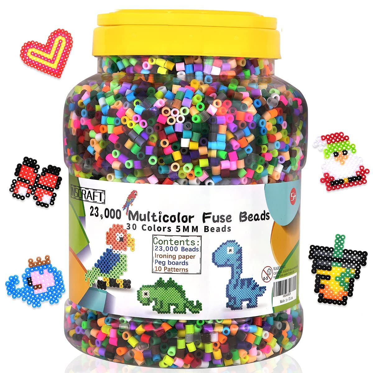 23,000 pcs Fuse Beads Kit for Kids Crafts, 30 Colors Iron Beads Set with 3 Pegboards, 5 Ironing Paper, 10 Patterns, Gifts for Birthday Christmas, Multicolor 5mm Melty Beads Bulk Refill Kit by Inscraft