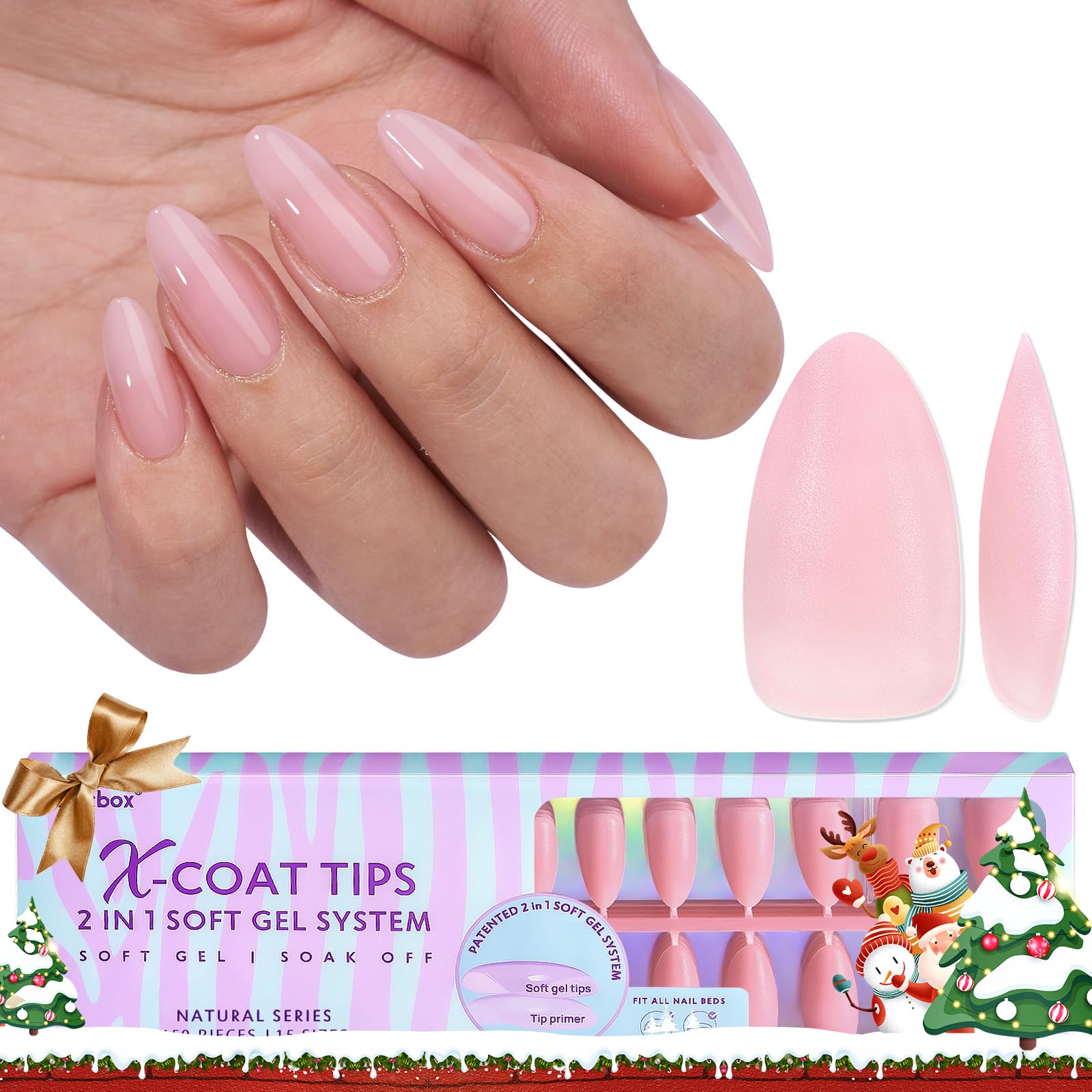 BTArtbox XCOATTIPS Natural Nail Tips - Christmas Medium Almond Press On Nails Pink, Long Lasting Soft Gel Nails False Nail, Soak Off Acrylic Fake Nails Extensions for Nail Art DIY Women Gifts