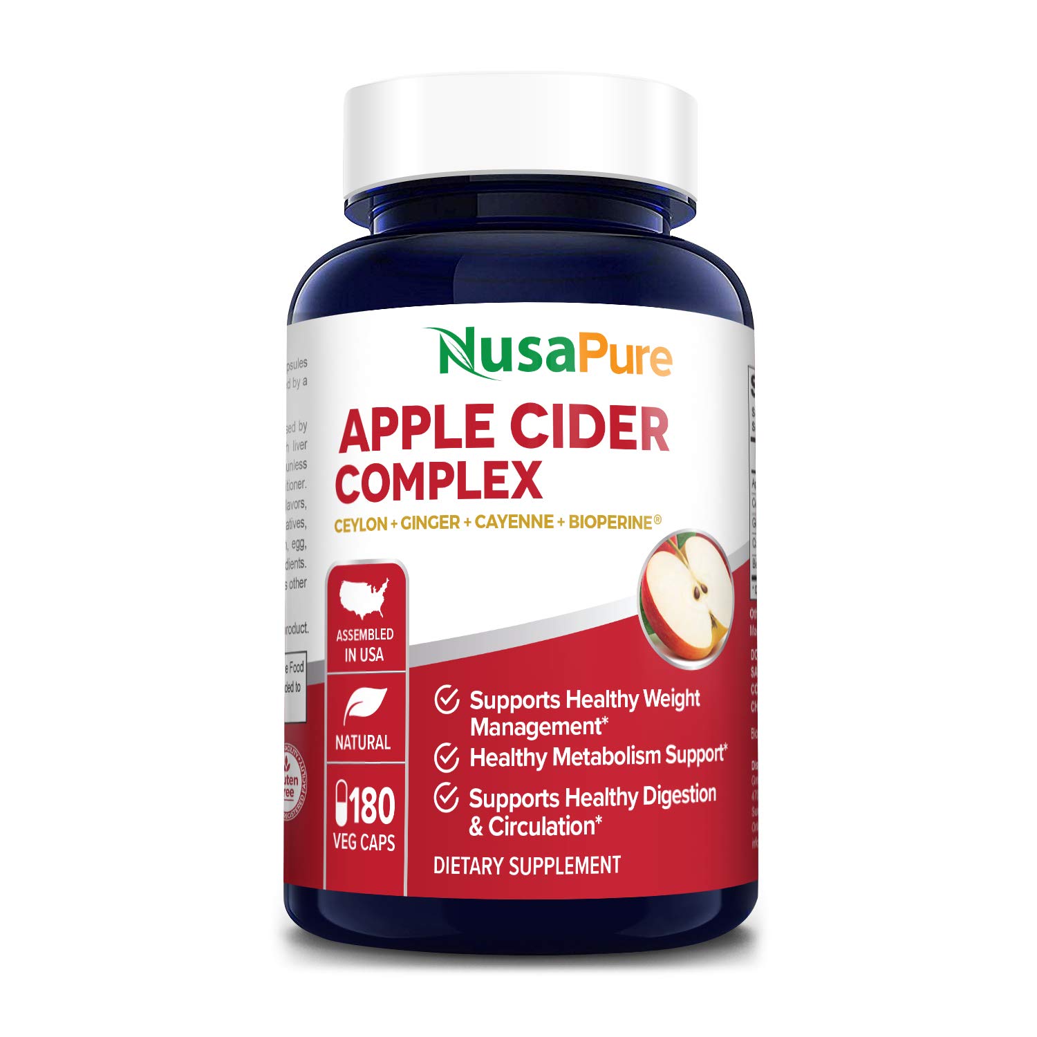 NusaPureApple Cider Vinegar Complex - 180 Veggie Caps - Organic ACV and Ceylon Cinnamon, Organic Ginger, Bioperine & Organic Cayenne Pepper