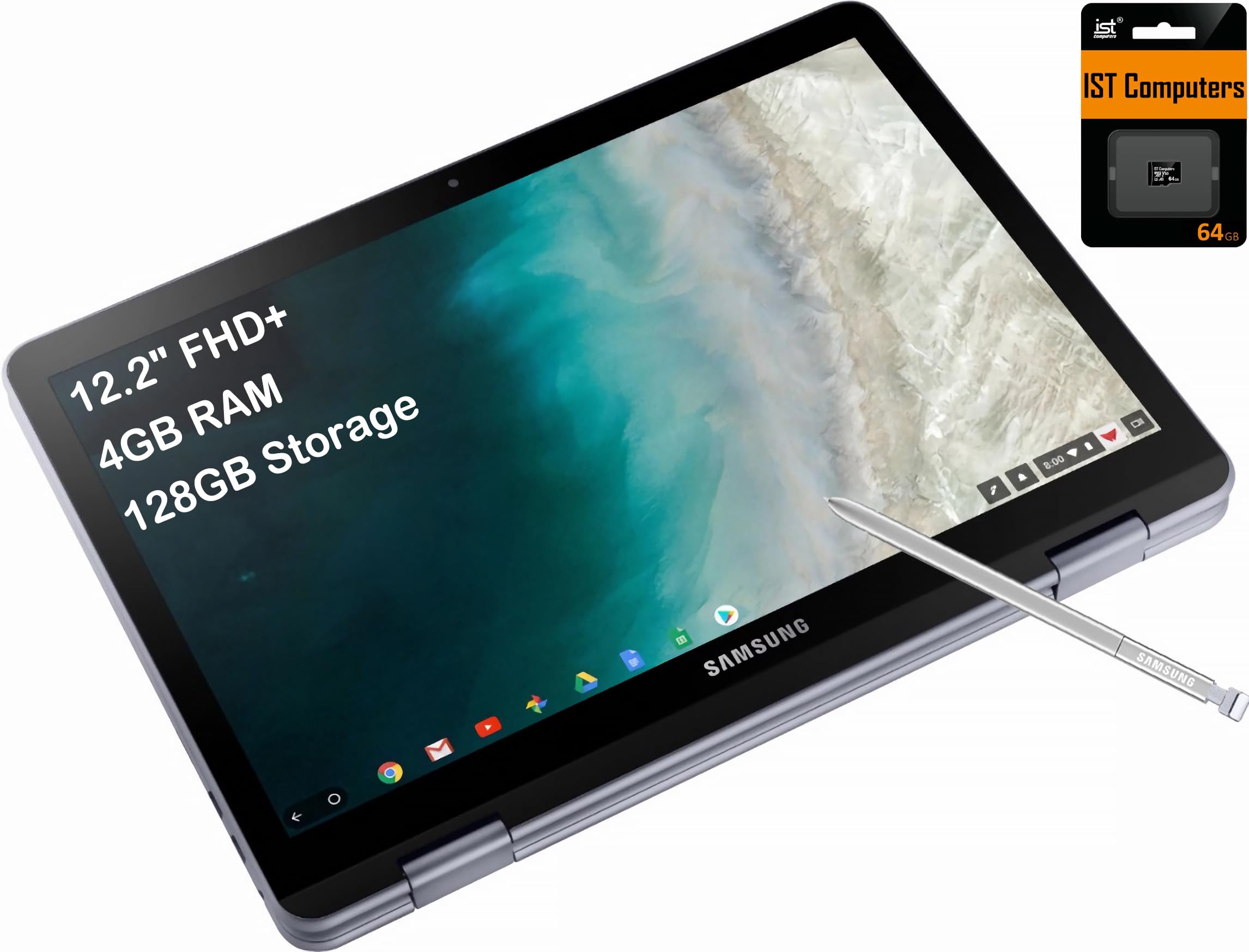 SAMSUNGChromebook Plus V2 360 2-in-1 Laptop w/Dual Webcam (12.2" FHD+ Touchscreen,Intel Celeron 3965Y, 4GB RAM, 128GB (64GB eMMC+64GB SD Card), Stylus Pen) Home & Education, IST SDCard, Chrome OS