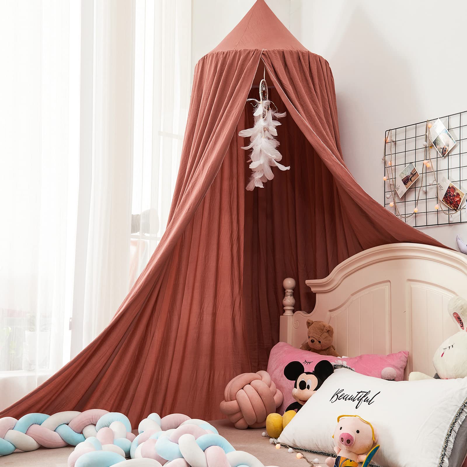 Kertnic Bed Canopy for Girls, Soft Pink Princess Canopy Dreamy Decor Frills Bed Canopies for Kids Room, Hanging Canopy Bedding Drapes Toddler Reading Nook Play Tent (Red Bean)