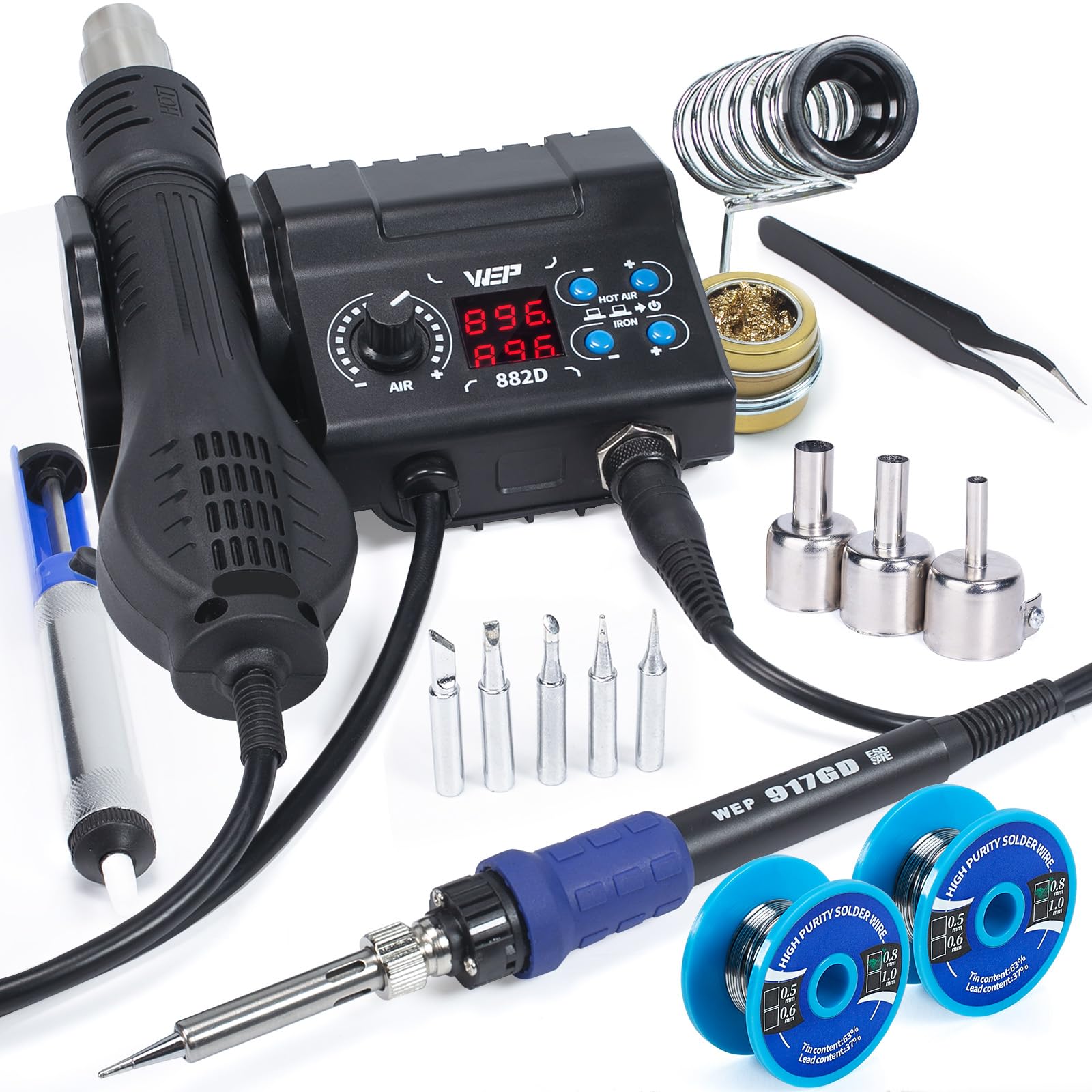 WEP882D Soldering Iron Station 2-IN-1 SMD Hot Air Rework Station with 2 Spools of Solder Wire, 5 Soldering Tips, 3 Hot Air Nozzles, Brass Wool Tip Cleaner, Tweezers, Desoldering pump