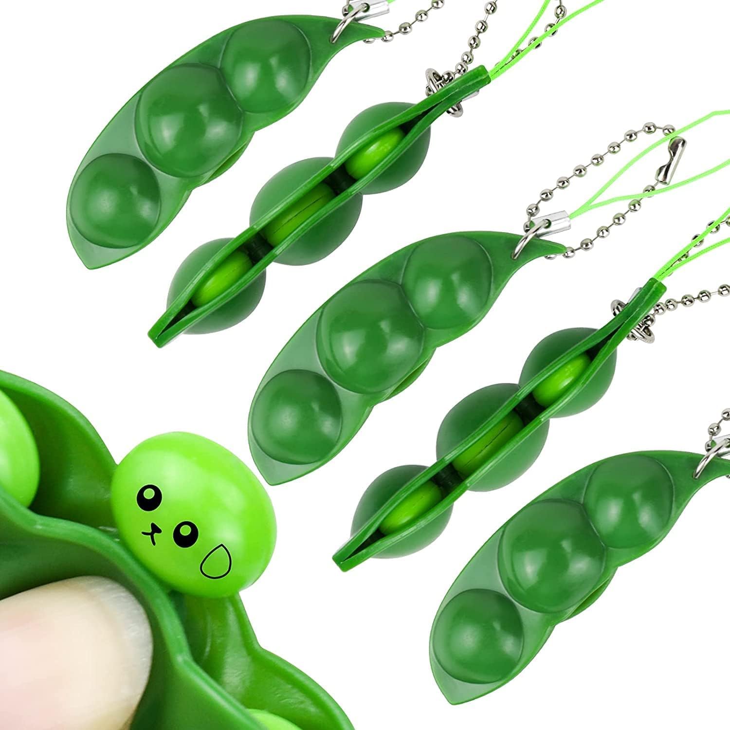 ChicAbode6 Pcs Squeeze-a-Bean Toys, Squeeze Beans Keychain, Pea Poppers Keychain, Funny Expression Bean, Pea Pod Fidget Toys, Extrusion Edamame Keychain Keyring for Release Stress and Anxiety, Green