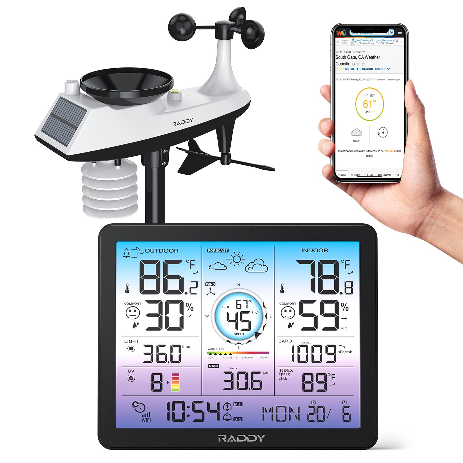 Raddy VP7 WiFi Weather Station for Indoor Outdoor, with 7-in-1 Wireless Outdoor Sensor, Thermometer, Hygrometer, Barometer, Rain Gauge, UV Sensor, Wind Vane & Speed Cup, 7.4" Large Color Display