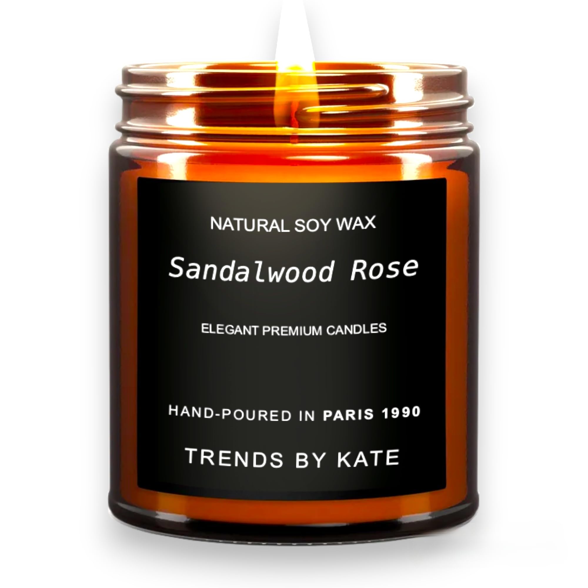 Sandalwood Rose Candle, Vegan Aromatherapy - Highly Scented 9Oz Soy Wax in Elegant Brown Jar, 25Hrs Slow Smokeless Burn Time, Cruelty Free