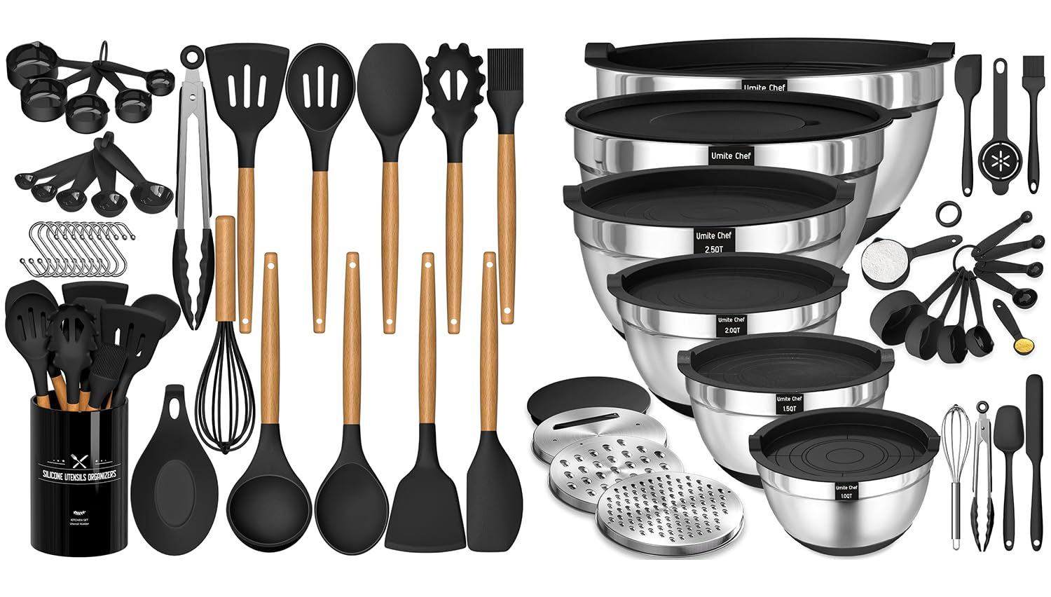 Umite Chef 33Pcs Kitchen Cooking Utensils Set and 26pcs Mixing Bowls with Lids Set