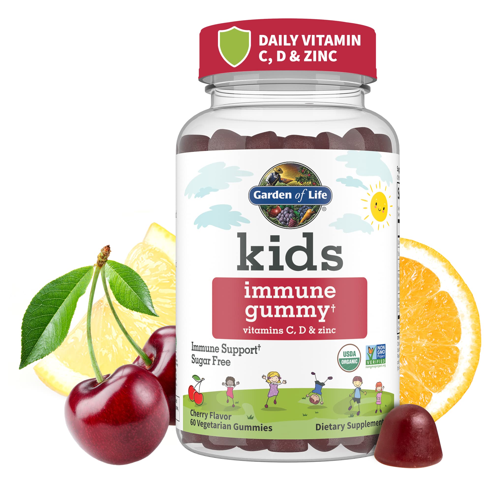 Garden of Life Kids Immune Support Gummies with Vitamin C, D as D3 & Zinc for 3-in-1 Daily Children’s Immunity – Organic, Non-GMO, Gluten-Free, Vegetarian, Sugar Free, Cherry Flavor, 30 Day Supply