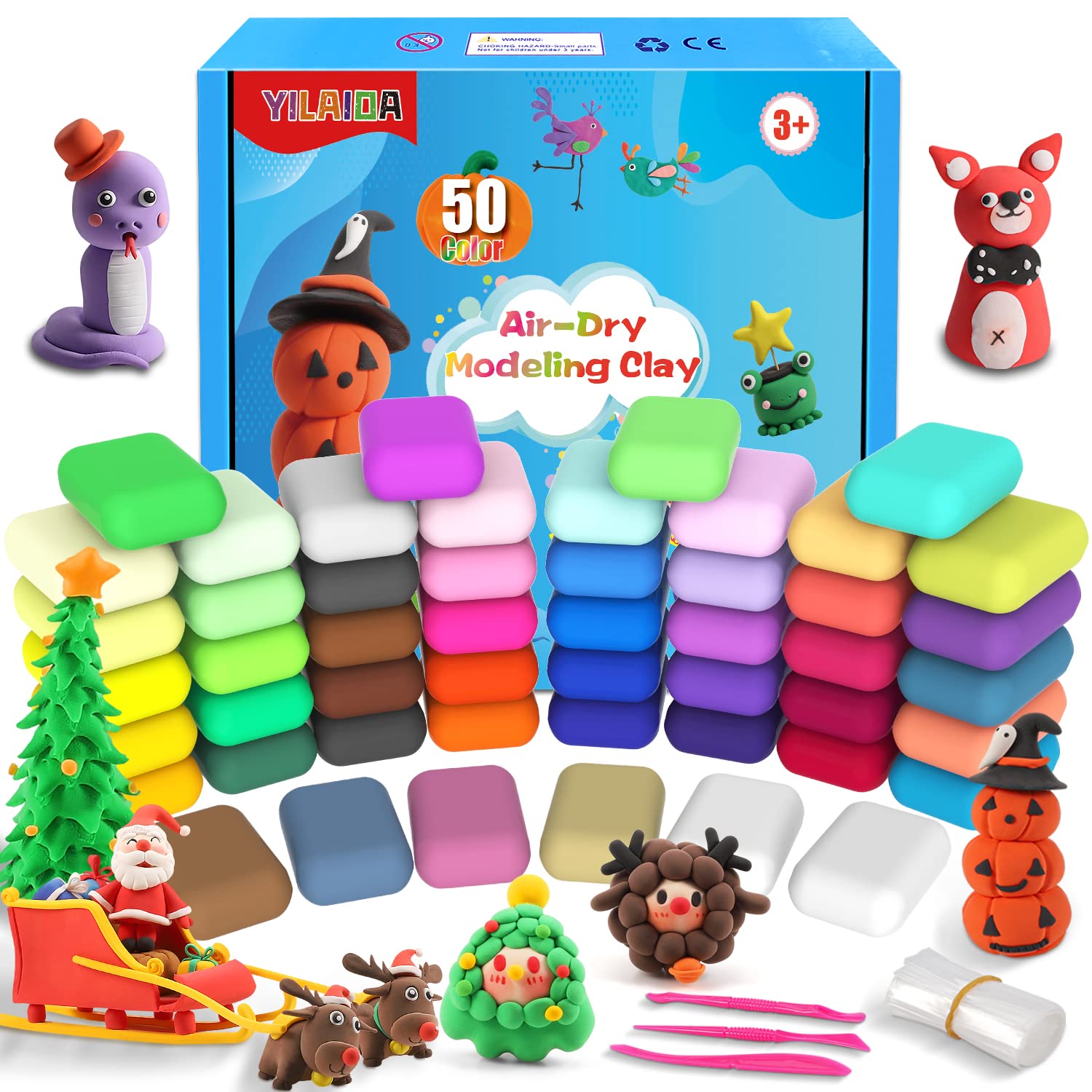 Air Dry Clay, 50 Colors Magic Modelling Clay, Safe and Non-Toxic, Ultra Light Clay with Sculpting Tools, Children Educational Toys & DIY Gifts