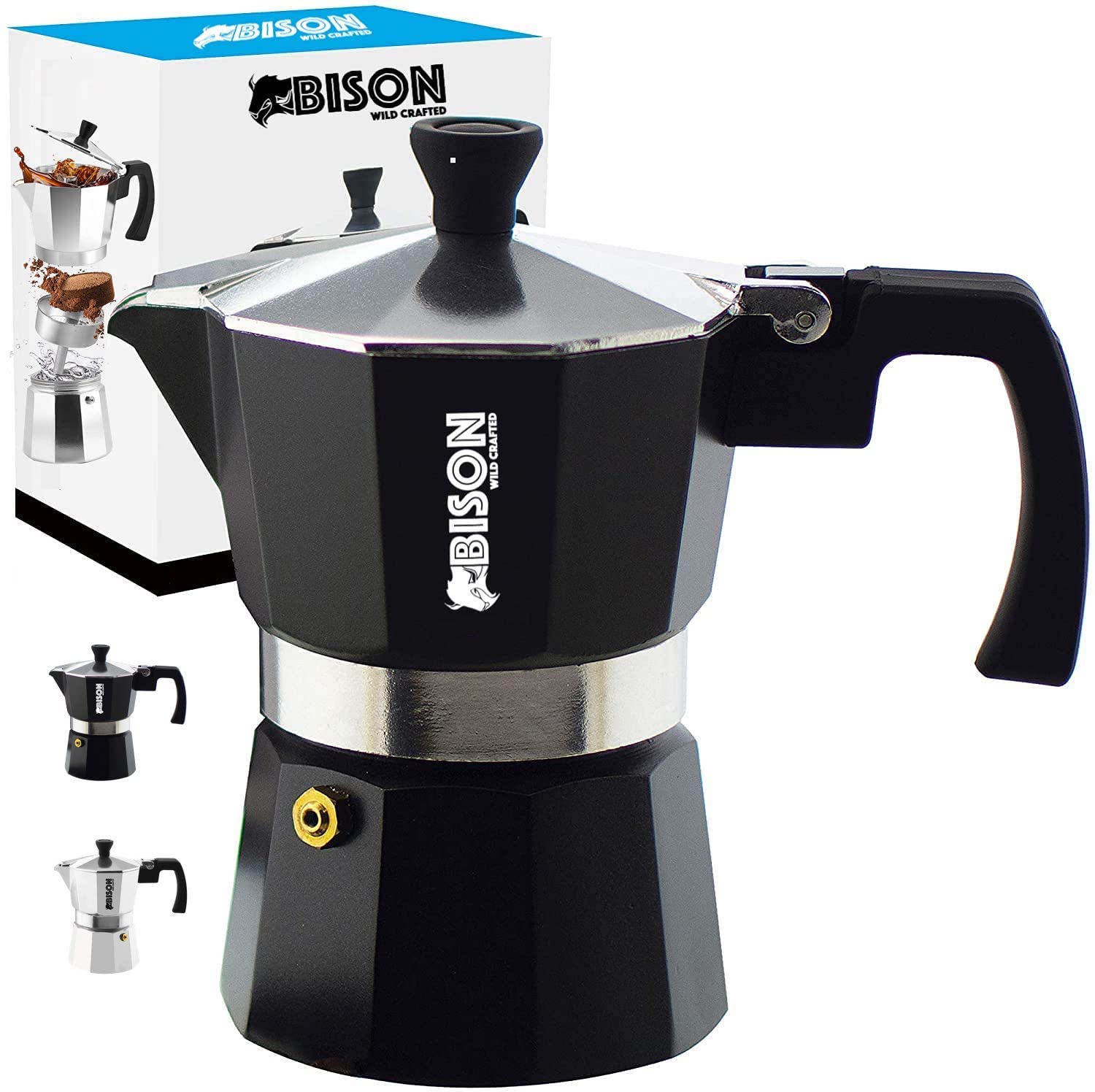 BISON WILD CRAFTED Milano Stovetop Espresso Maker Moka Pot 3 Cups, 150ml, Black - Stove top coffee maker Moka Italian espresso coffee maker brewer percolator