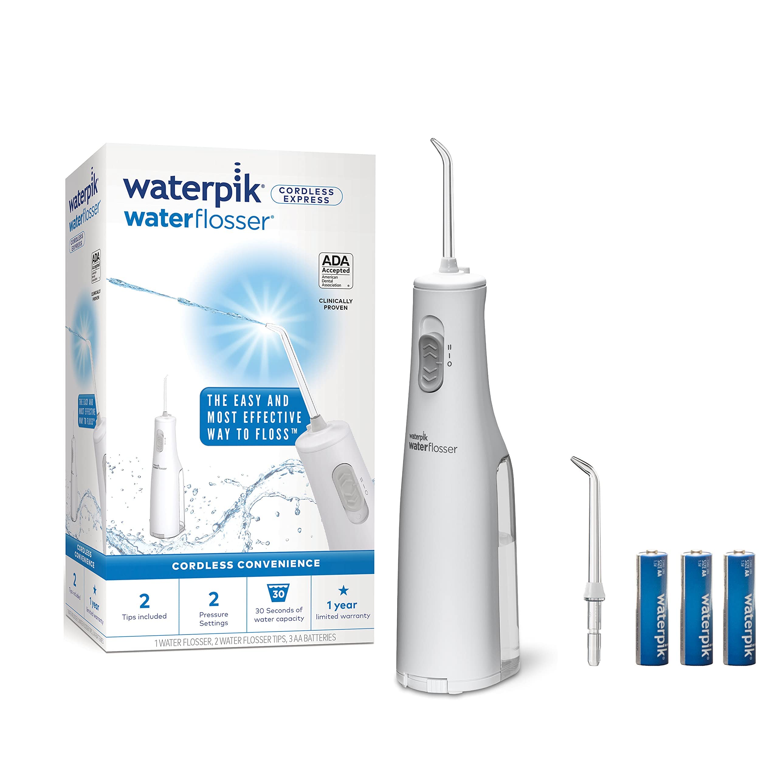 WaterpikCordless Water Flosser, Battery Operated & Portable for Travel & Home, ADA Accepted Cordless Express, White WF-02, Packaging May Vary