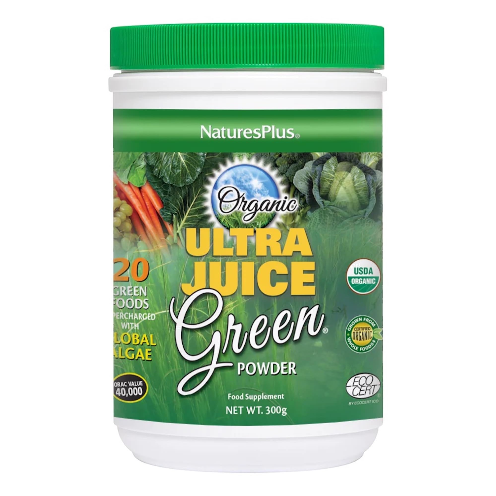 NaturesPlus Ultra Juice Green Powder - Organic Superfoods, Probiotics, Herbs, Spirulina, Chlorella, Chlorophyll - Gluten Free - 300g Powder