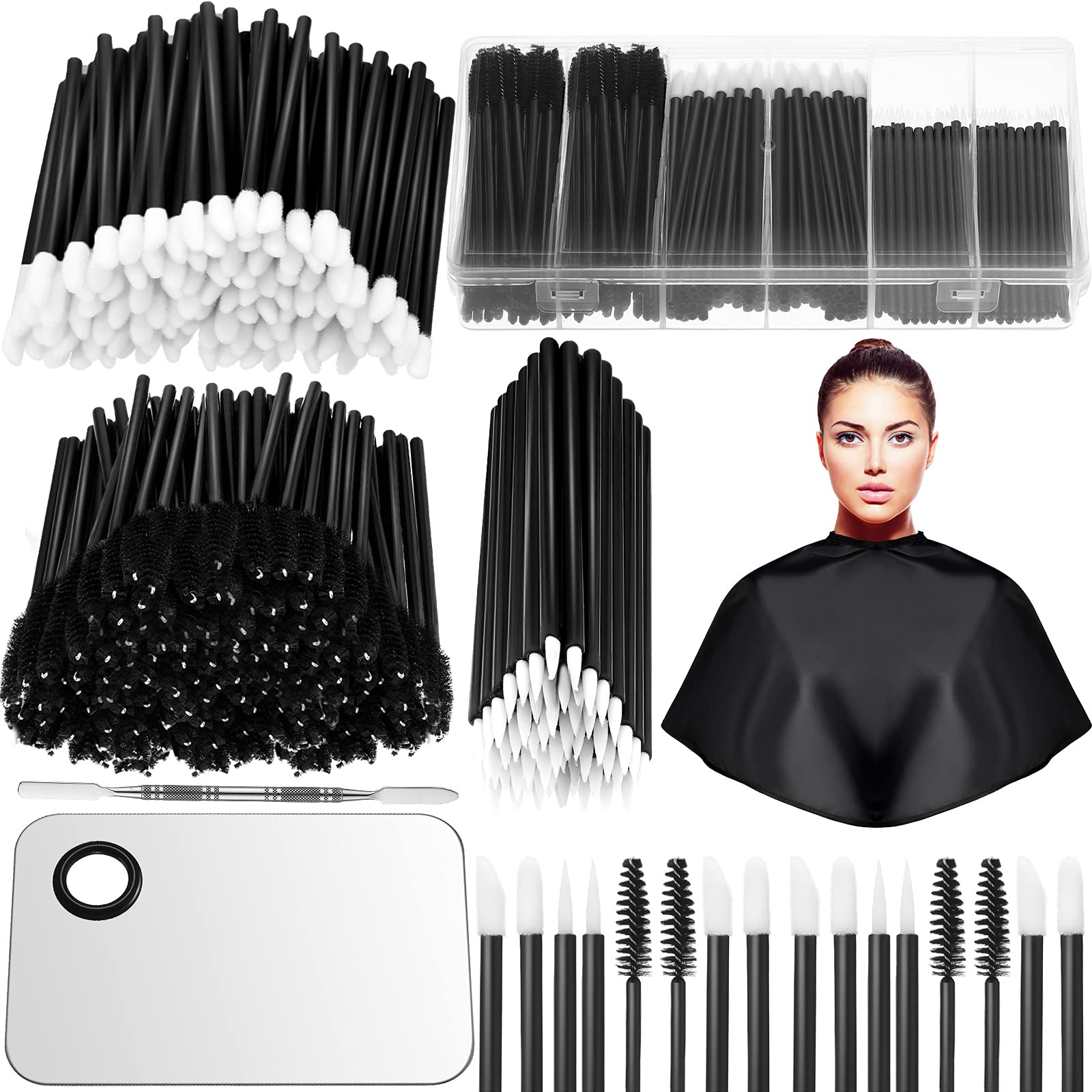 260 Pieces Disposable Makeup Tools Kit, Eyeliner Brushes Mascara Wands Lipstick Applicators Plastic Organizer Box Short Waterproof Cape Stainless Steel Makeup Palette, Spatula (Black) (Black)