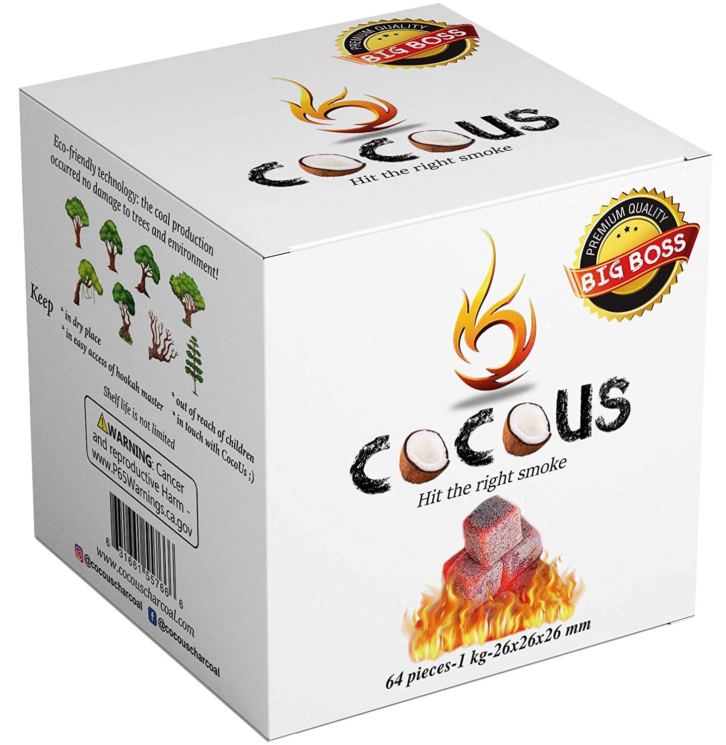 Cocous Big Boss Natural Big Cube Coconut Charcoal Incense Hookah Shisha Narguile Coal Coconut Shell Briquette Coals 1KG - 64 Pieces 26MM Cubes