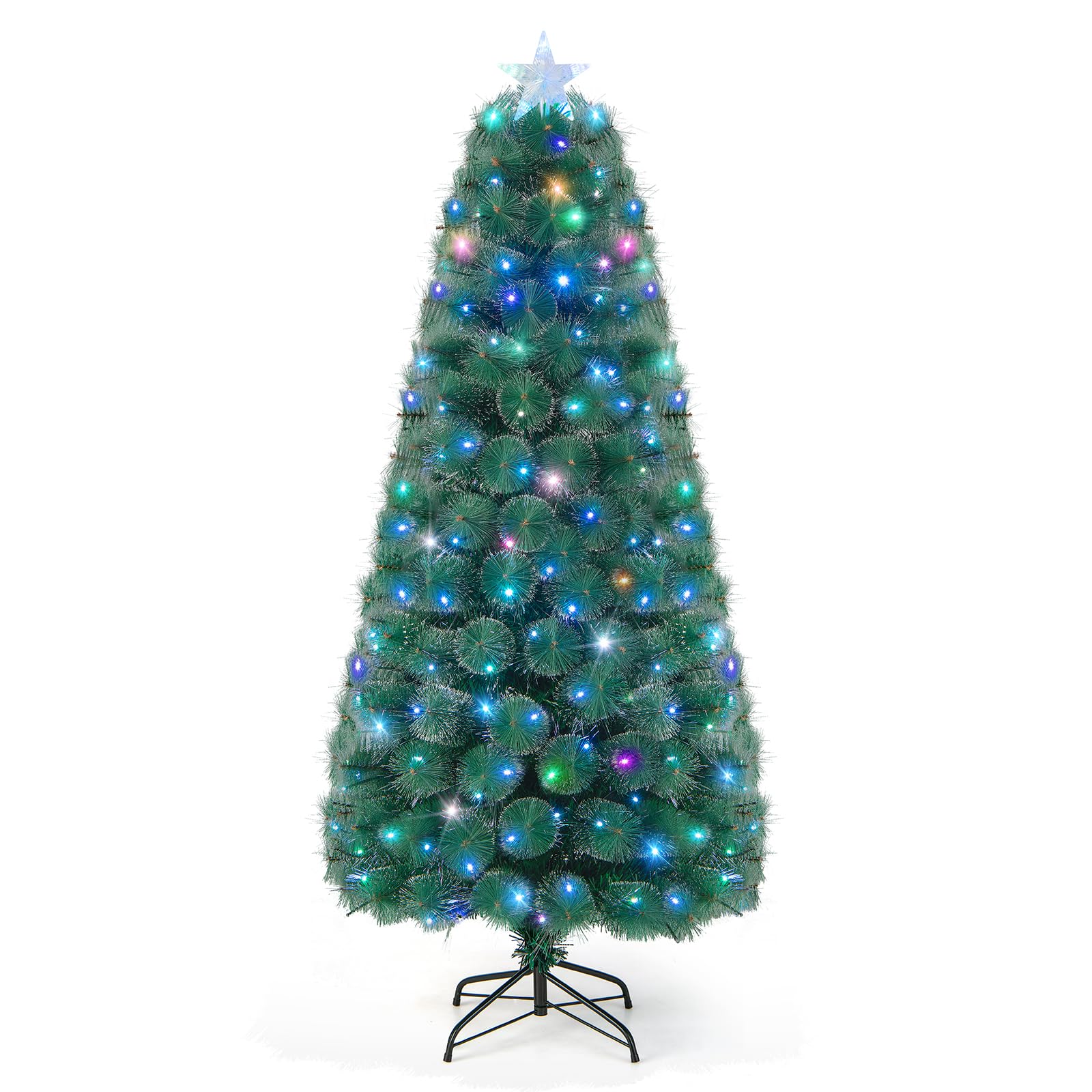 Goplus 6 FT Pre-Lit Fiber Optic Christmas Tree, Artificial Christmas Tree with 185 Multi-Color LED Lights, Mixed Leaves, Snowy Pine Needles, Top Star Light, Xmas Holiday Decor for Office, Home