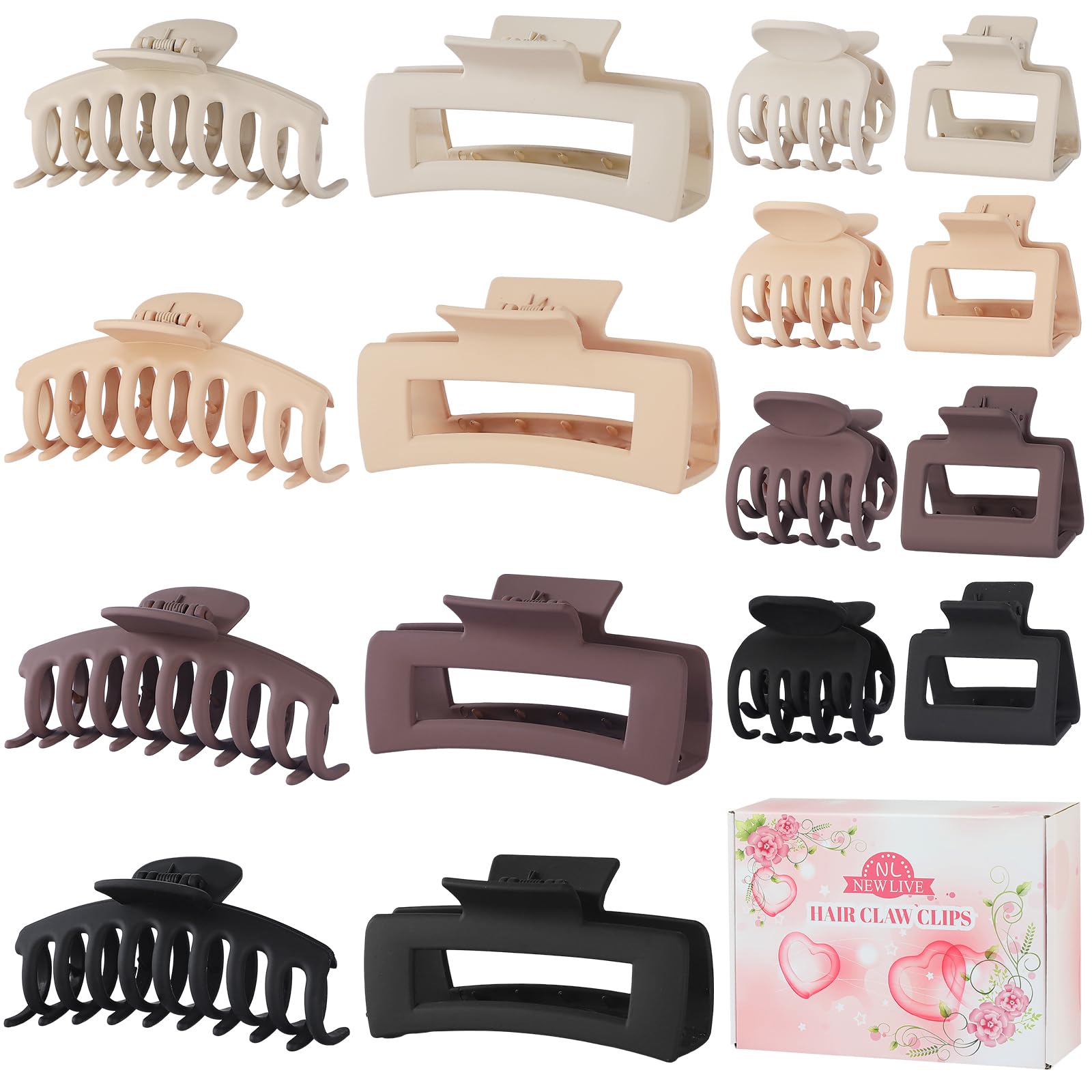 NEW LIVE Hair Clip 16 Count for Women - Hair Claws for Thin Thick Curly Hair - Large and Small Matte Banana Clips - Strong Hold Nonslip Hair Claws - Various Sizes and Styles