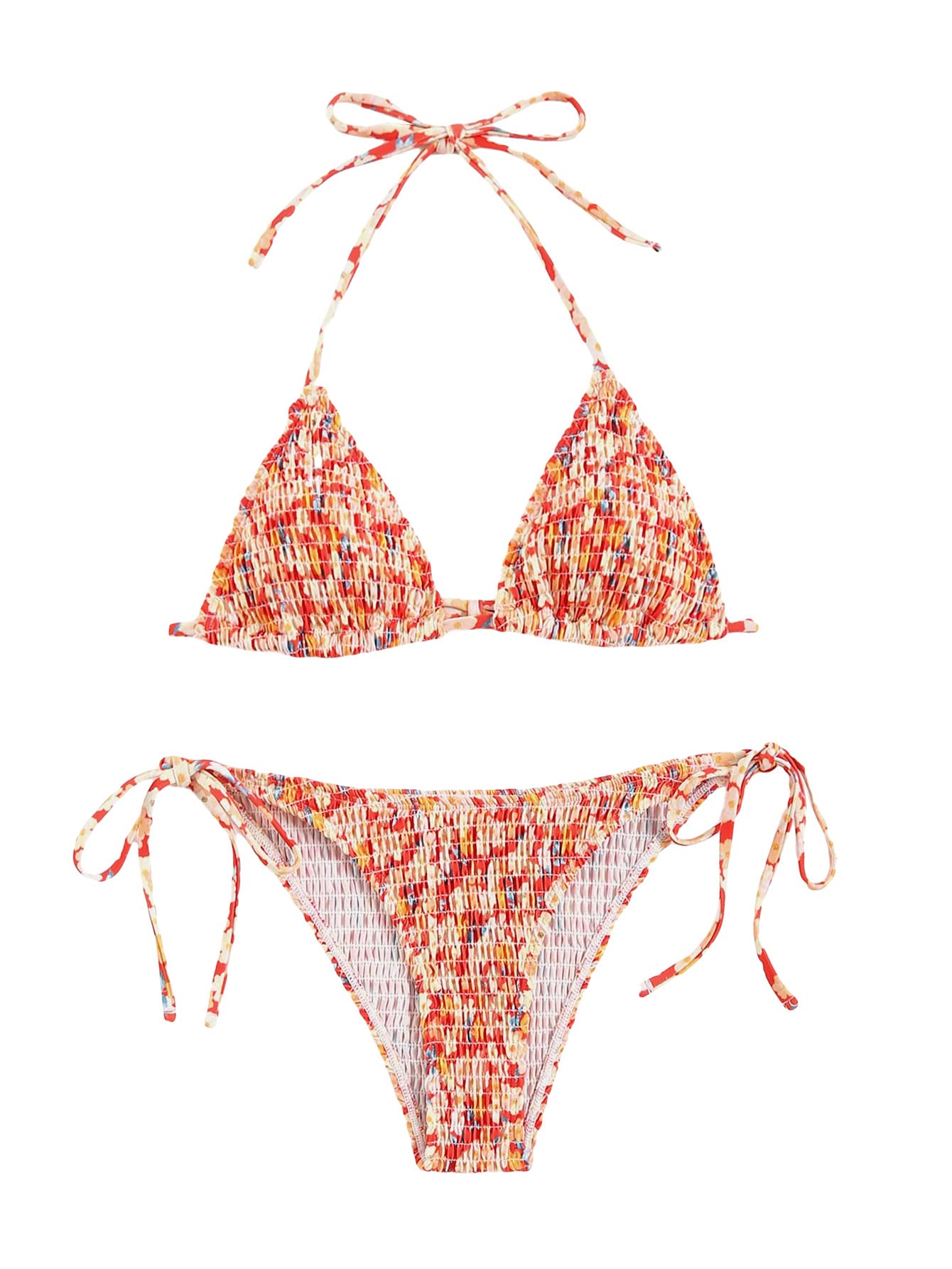 SOLY HUXWomen's Floral Print Smocked Halter Tie Side Bikini Sets 2 Piece Swimsuit Bathing Suits