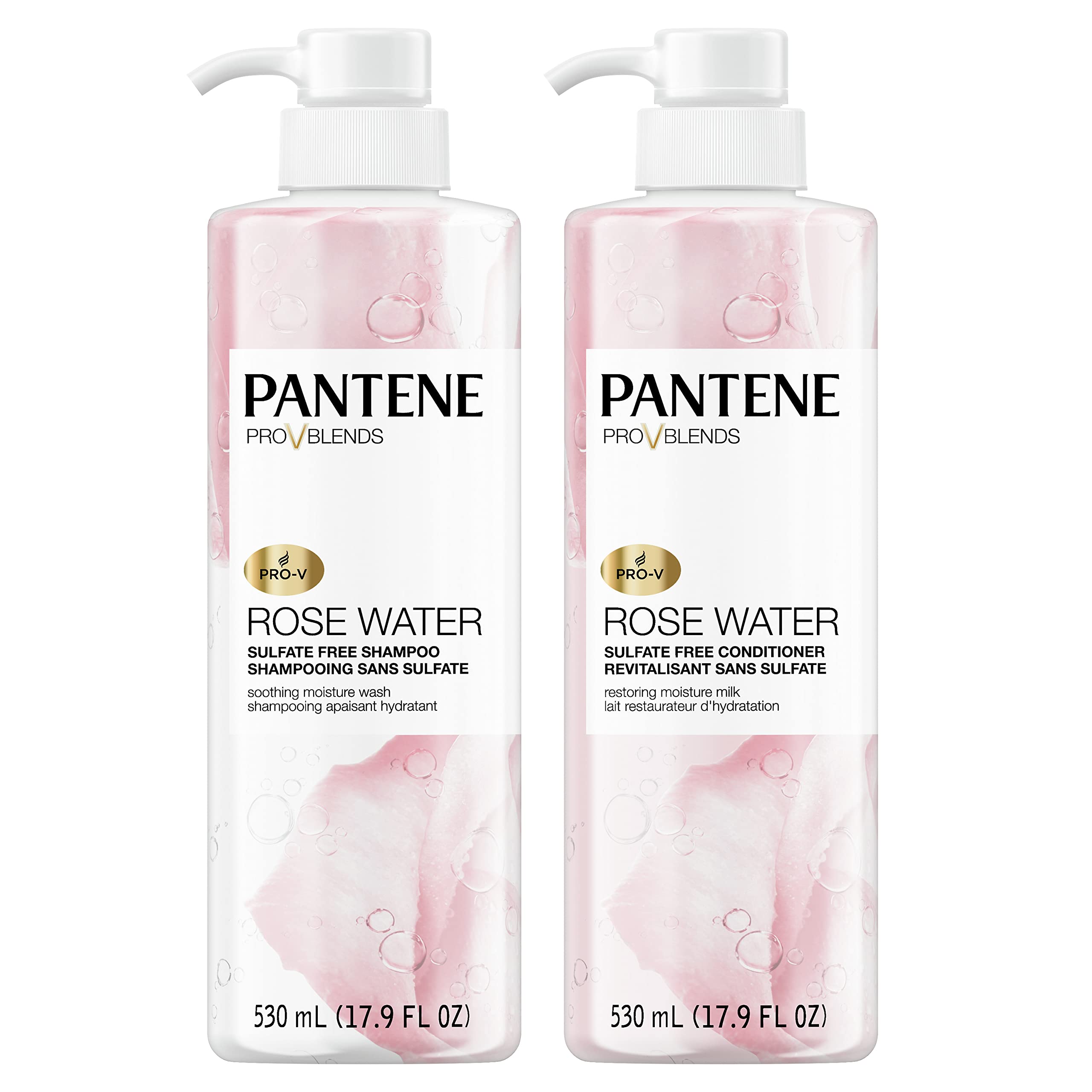 Pantene Sulfate Free Shampoo and Conditioner Set, Rose Water, Soothing and Moisturizing, Infused with Vitamin B5, for all Hair Types, Safe for Color Treated Hair, Pro-V Blend, 17.9 Fl Oz Each, 2 Pack