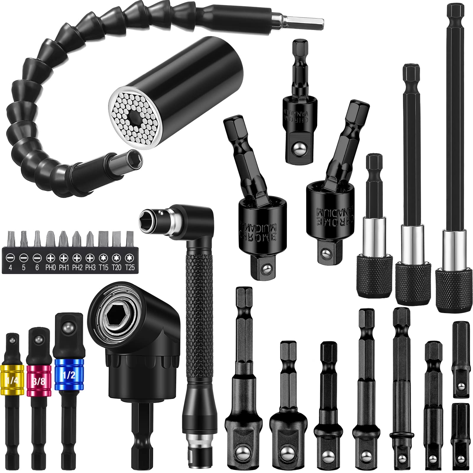 Lanties31 Pcs Flexible Drill Bit Extension Set Drill Bit Extension Kit, Include 1/4 3/8 1/2 Inch Hex Socket Adapter Socket Bendable Magnetic Drill Extender Universal Drill Bit Extension Screwdriver