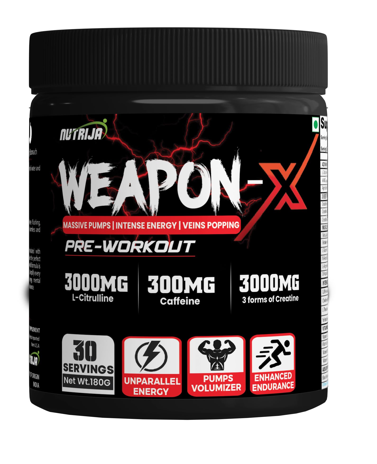 Weapon-X Pre-Workout Powder with 21 Active Ingredients - 3 Best Forms of Creatine, AAKG, Beta-Alanine, Caffeinated | Pumps, Viens Popping, Energy, Focus & Strength (30 Servings (Mango))