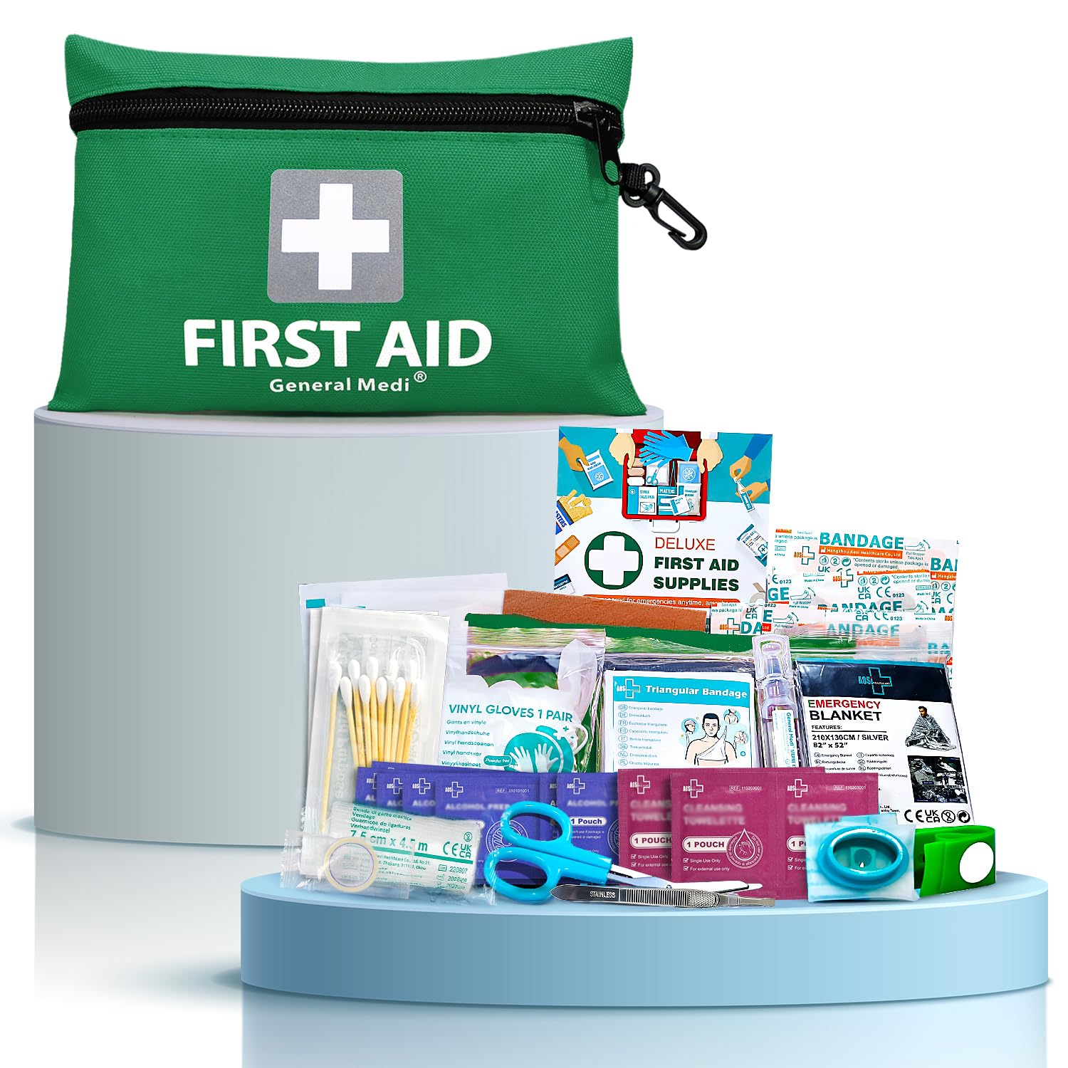 General Medi Mini First Aid Kit, 92 Pieces Small First Aid Kit - Includes Emergency Foil Blanket, Scissors for Travel, Home, Office, Vehicle, Camping, Workplace & Outdoor (Green)