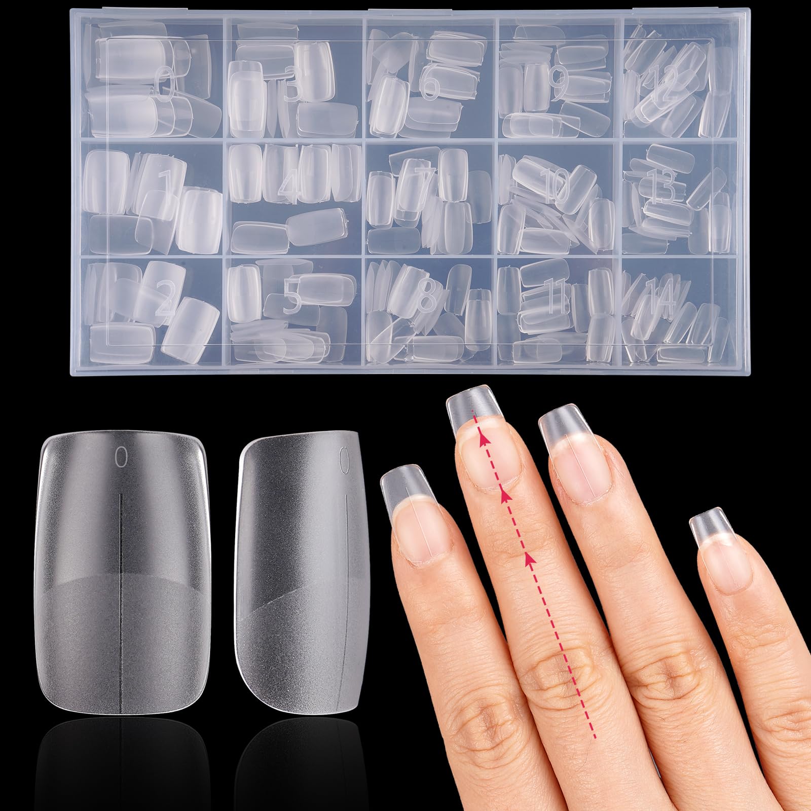 LIONVISON Short Square Nail Tips - 15Sizes Matte Full Cover Nail Tips with Positioning Line, No File Straight Press on Tips, Acrylic False Nail extension Tips for Home DIY Nail Salon 300pcs