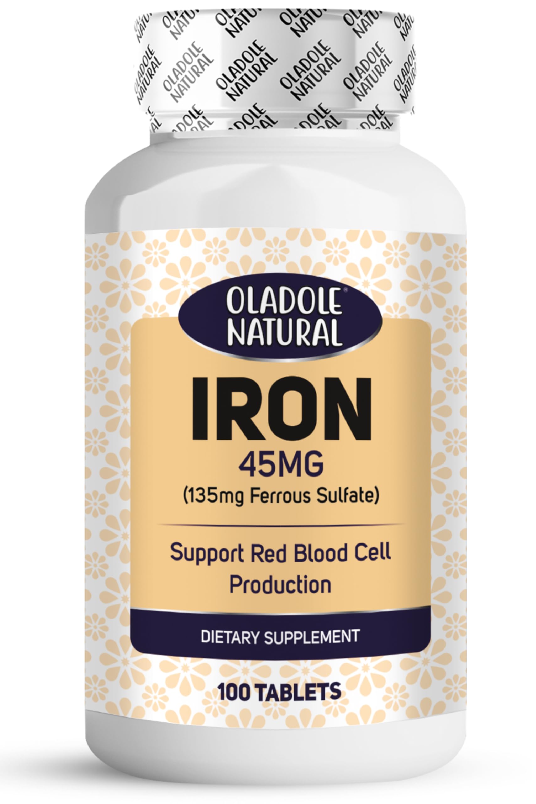 Oladole Natural Iron 45mg- 100 Tablets | Supports Energy & Anemia Prevention, Red blood Cell Production, Immune System, Boost hemoglobin | Gentle Non-Constipating Formula | Non- GMO