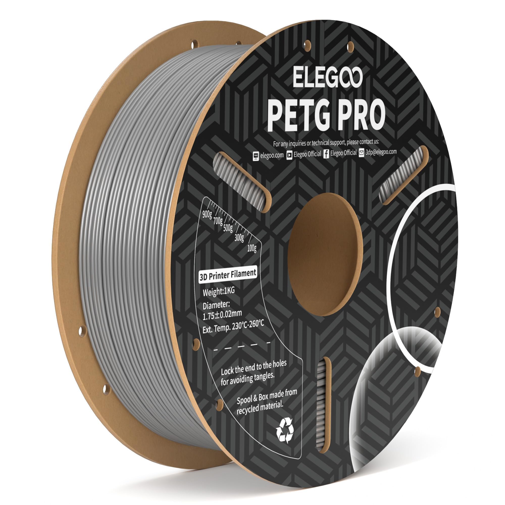 ELEGOO PETG PRO Filament 1.75mm Gray 1KG, Strong Toughness 3D Printer Filament Dimensional Accuracy +/- 0.02 mm, 1kg Cardboard Spool(2.2lbs) for Most FDM 3D Printers