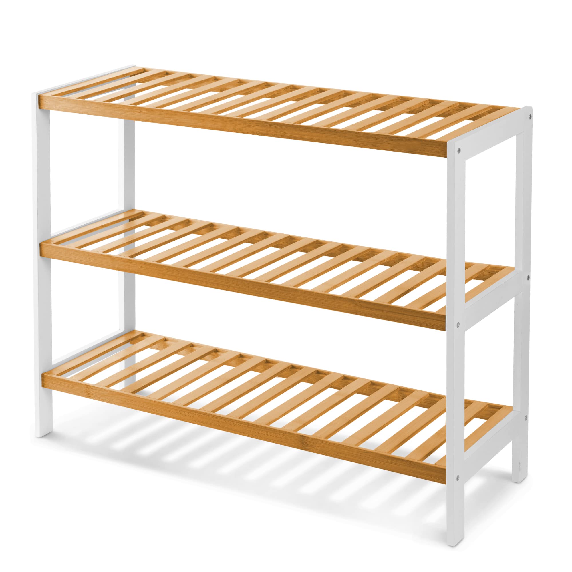 KEPLIN 3 Tier Natural Bamboo Shoe Rack Easy Assembly & Strong Design Stand Shelf Organiser Ideal for Corridor,Bedroom,Bathroom,Hallway & Small Spaces Large Capacity (3 Tier, White/Natural)