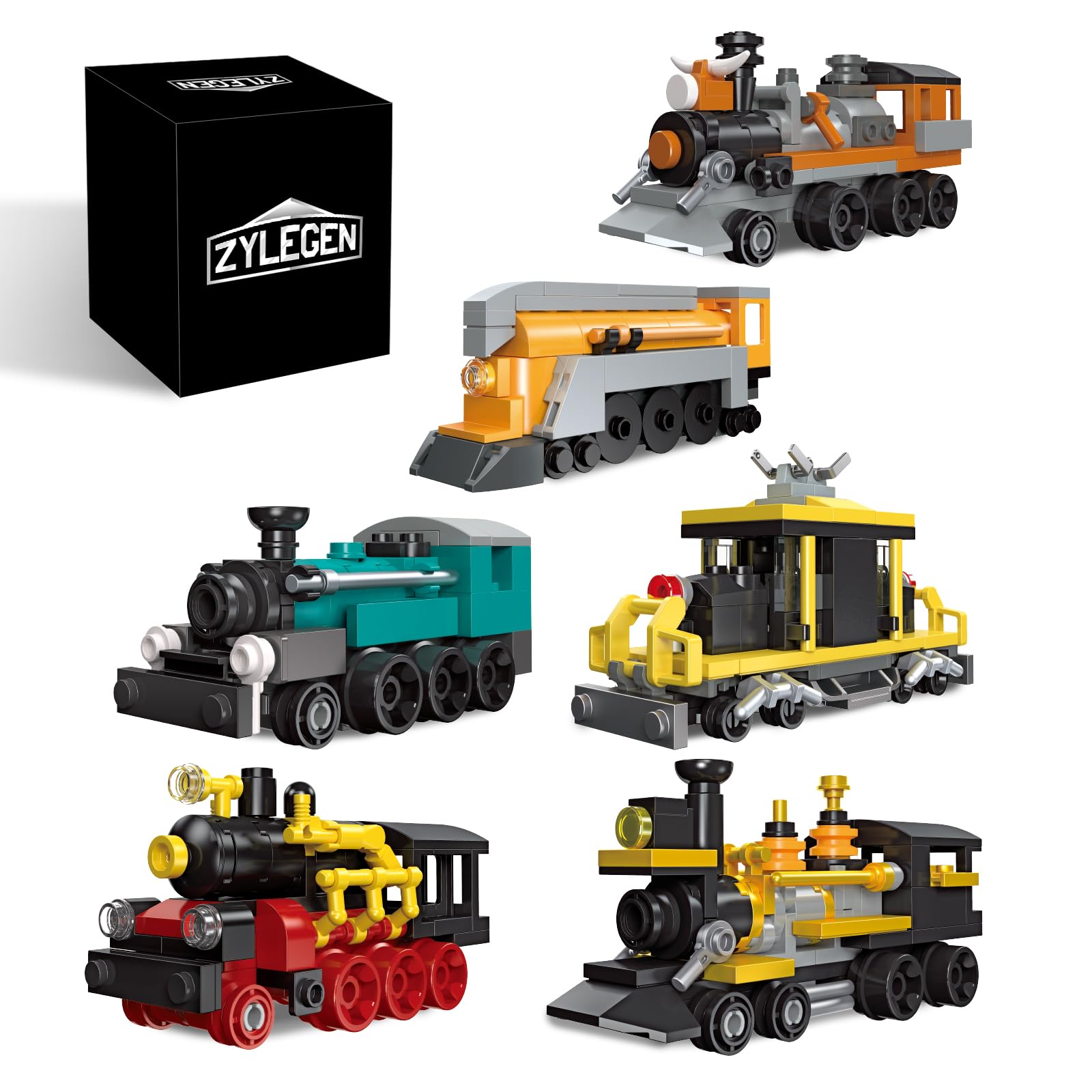 ZYLEGEN 6-in-1 Train Building Block Toys and Engineering Toy, Collectible Steam Locomotive Display Building Set for Kids, Idea Gifts for Train Lovers, Party Favors for Kids Goodie Bags Prizes