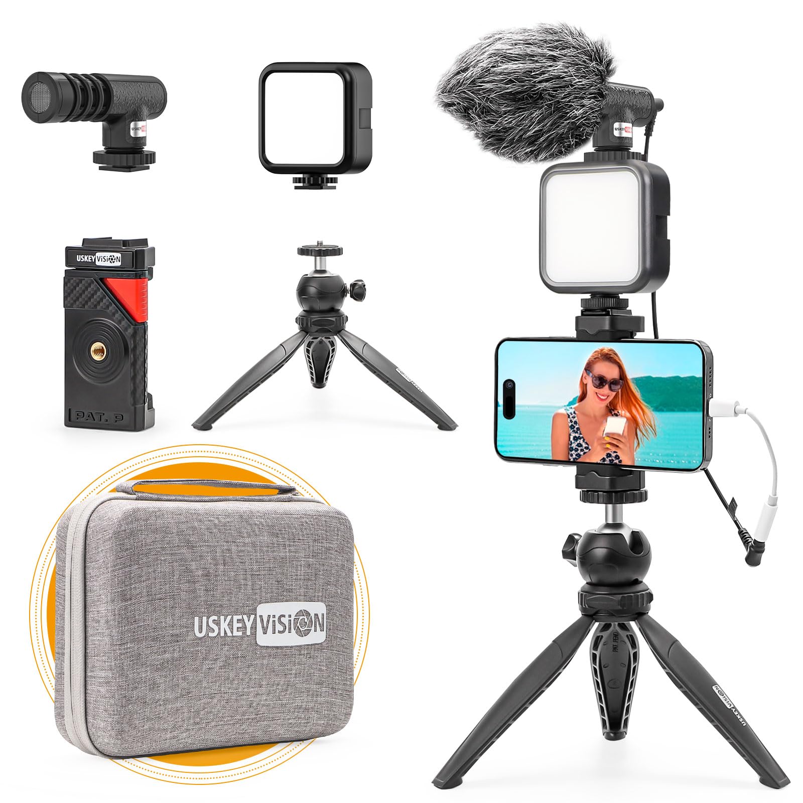 Smartphone Vlogging Kit Video Kit for iPhone 16/15/14 Mini/Pro/Max,Android Smartphone Content Creator Kit w/Microphone Light Auto-Switch Phone Clip for YouTube Tiktok Live Steam (Vlog K2)