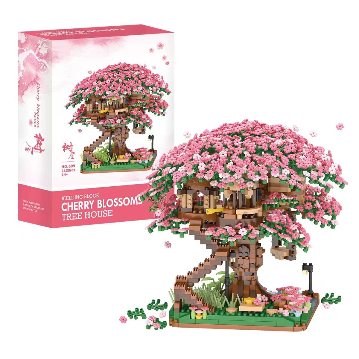 Street View Cherry Blossom Bonsai Tree Bricks Model Set, 2138Pcs DIY Sakura Tree House Building Block Assembly Mini Particle Construction Toy - Not Compatible with Lego